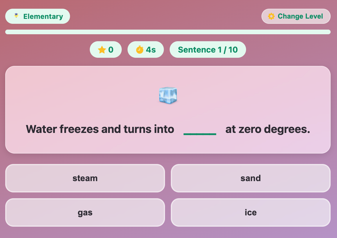 a screenshot when start a new Complete the Sentence game for elementary