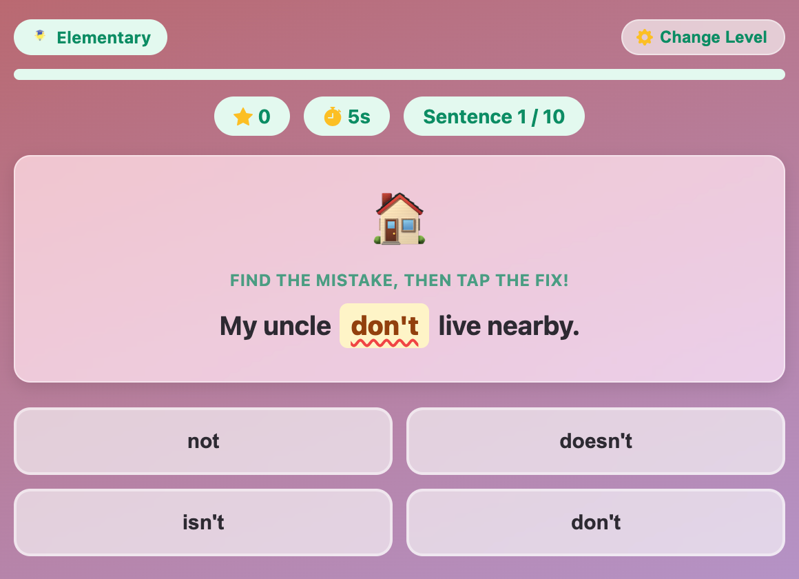 a screenshot when start a new Grammar Fixer game for elementary