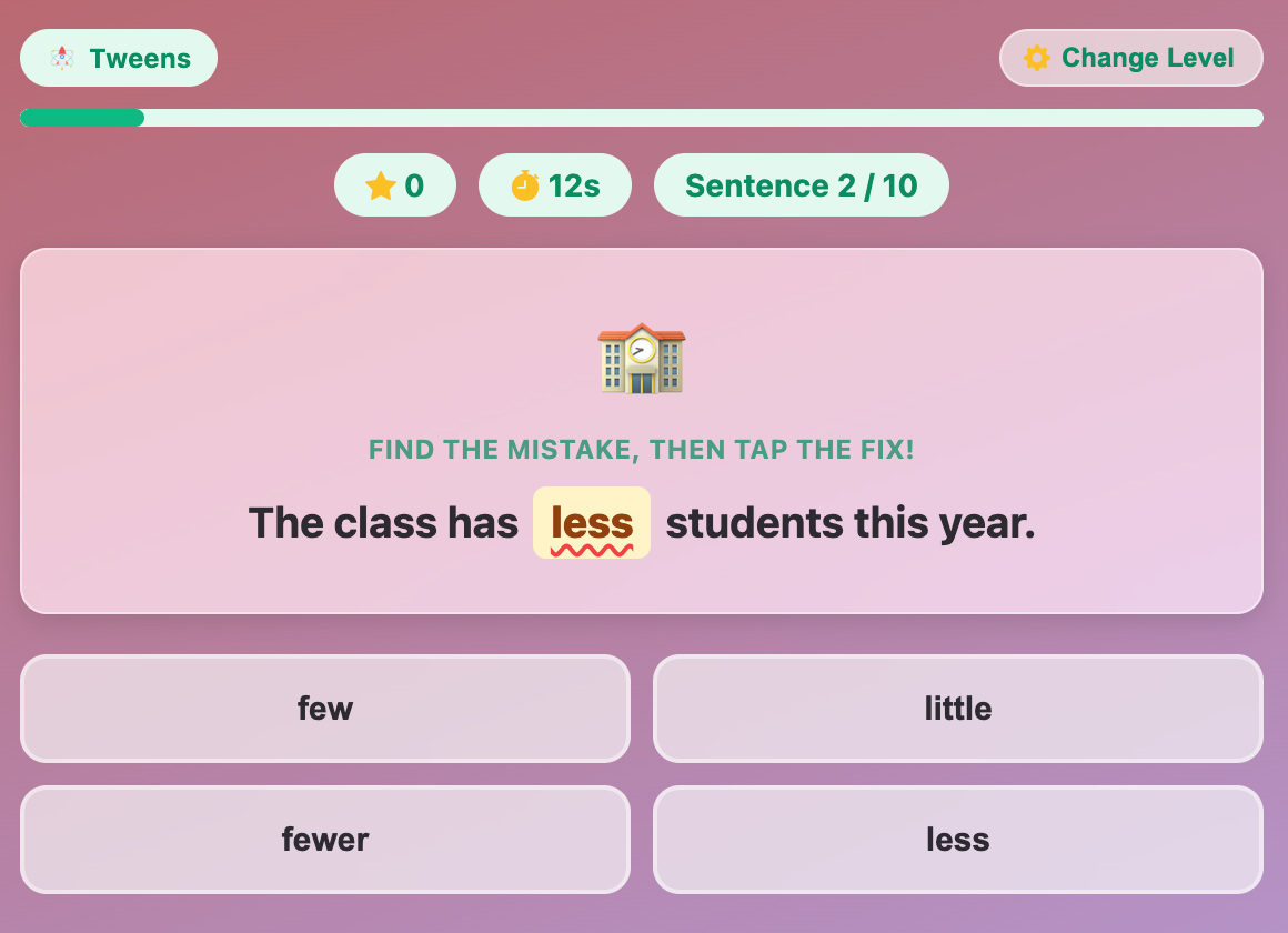 a screenshot when start a new Grammar Fixer game for tweens