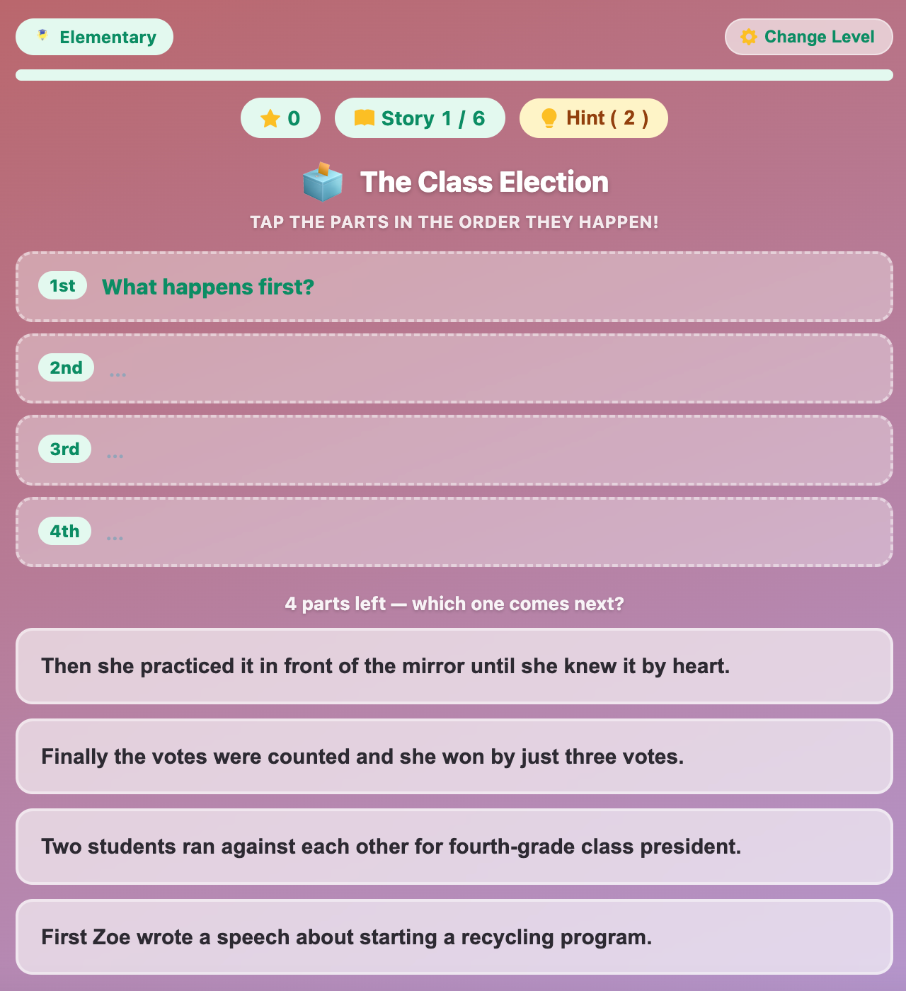 a screenshot when start a new Build a Story game for elementary