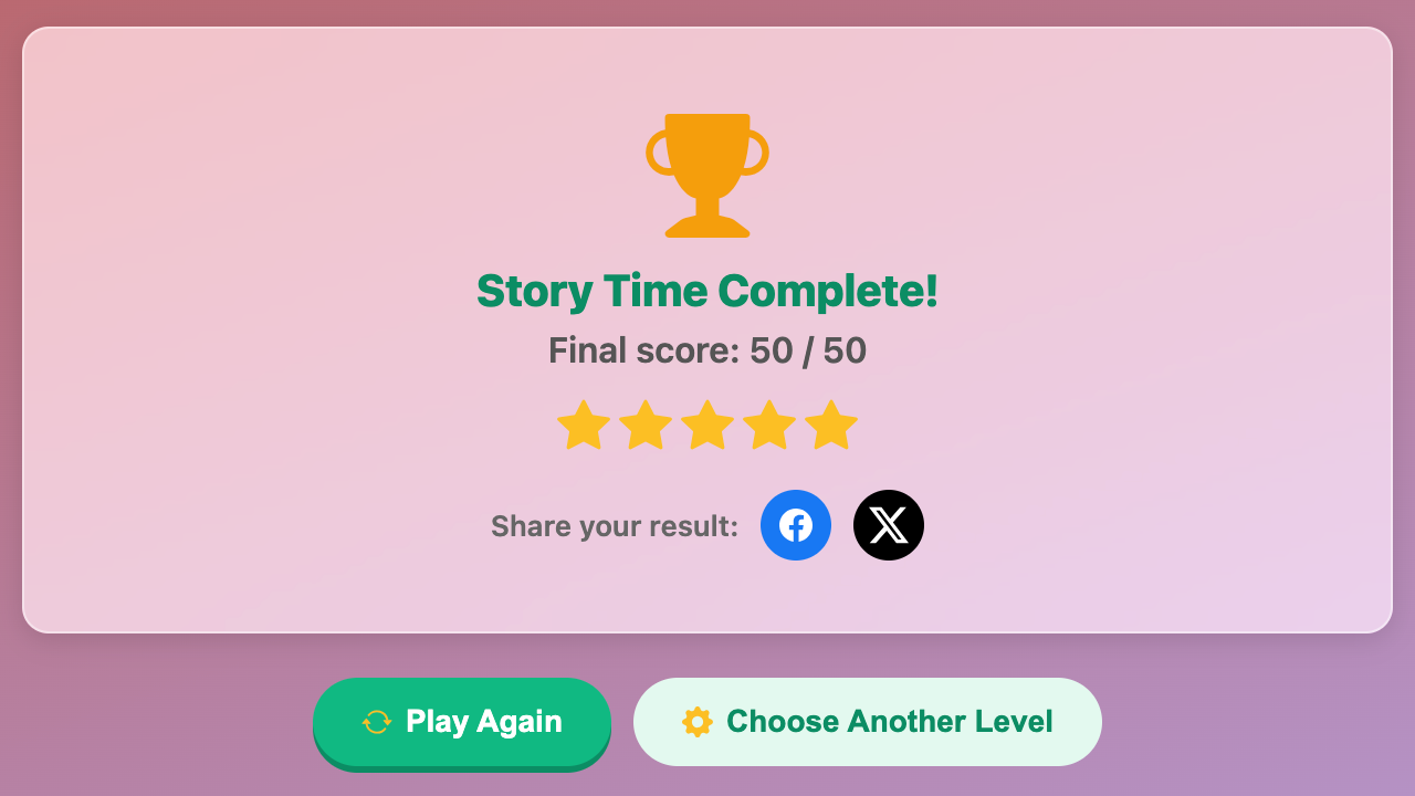 a screenshot when complete a Build a Story game