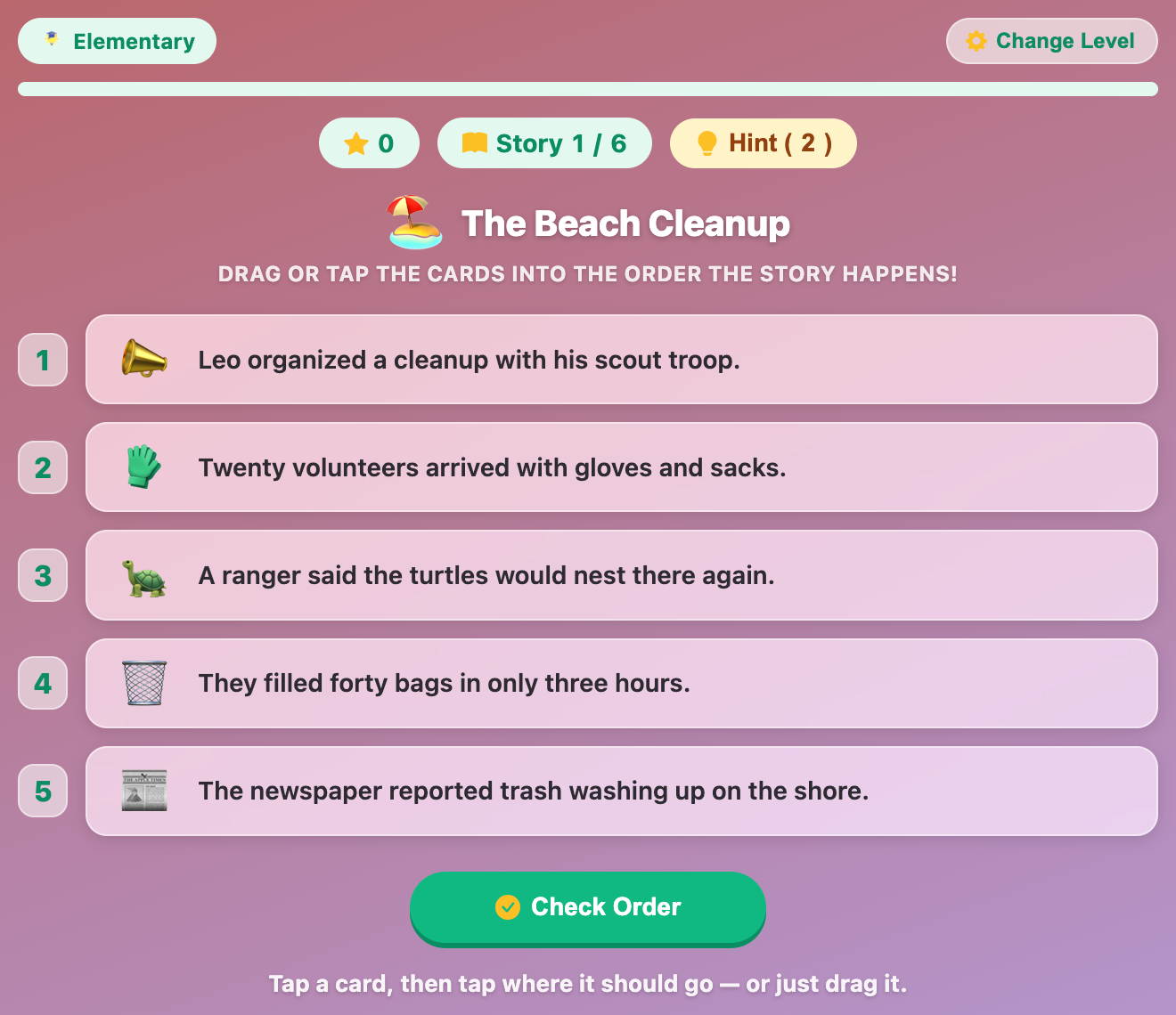 a screenshot when start a new Story Sequencing game for elementary