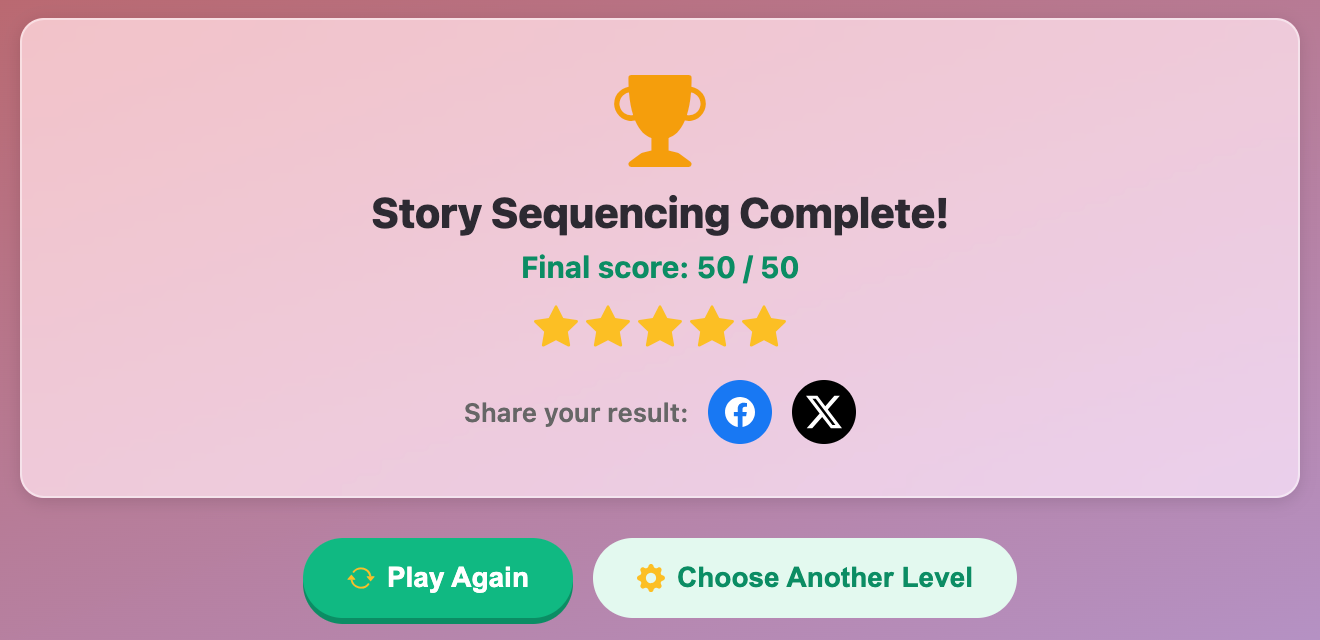 a screenshot when complete a Story Sequencing game