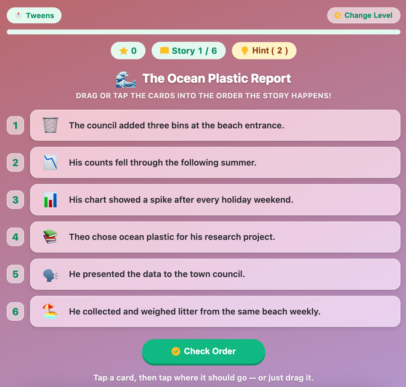 a screenshot when start a new Story Sequencing game for tweens