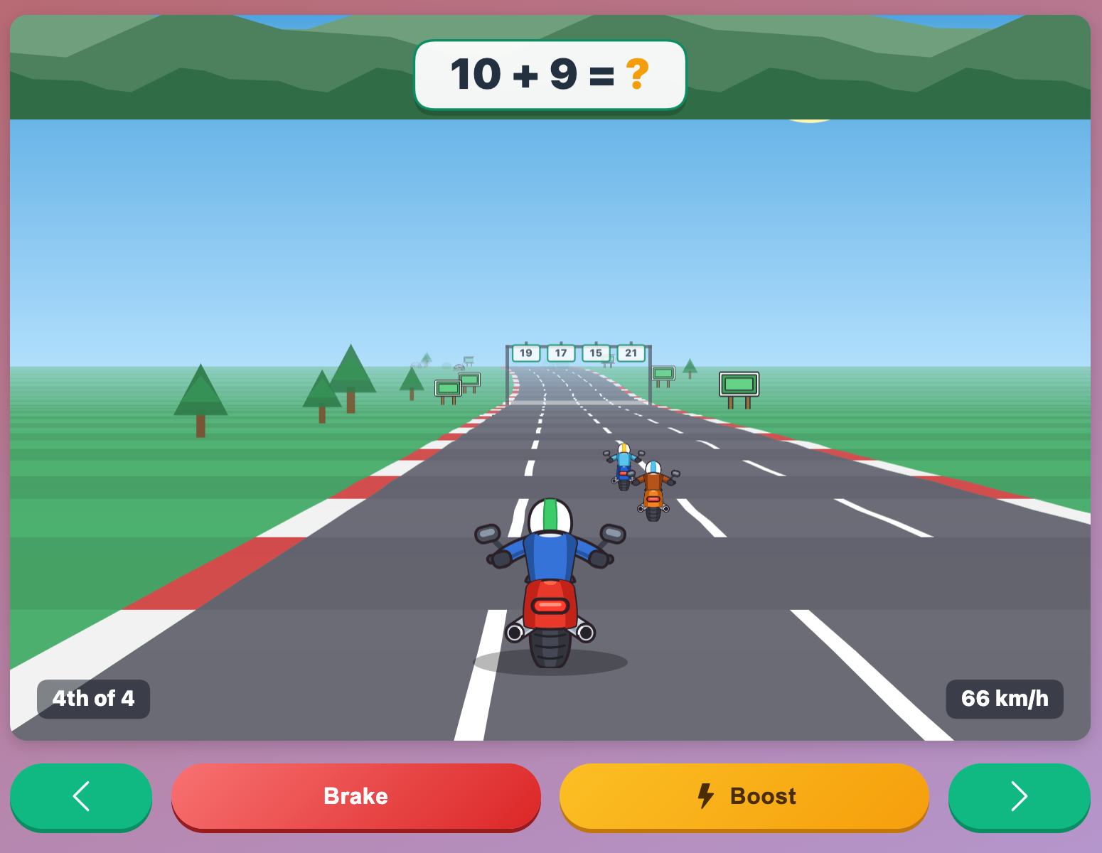 A screenshot when start a new Math Moto Race game for preschool