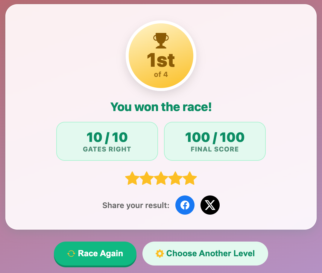 a screenshot when complete a Math Moto Race game