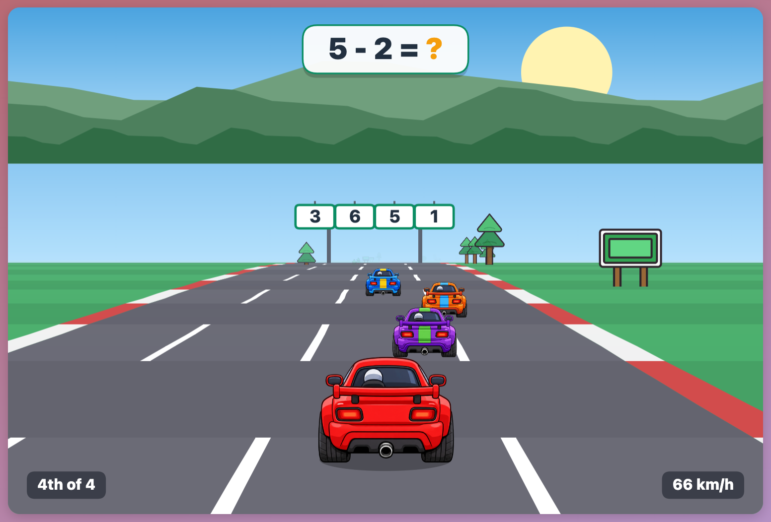 a screenshot when start a new Math Car Race game for preschool