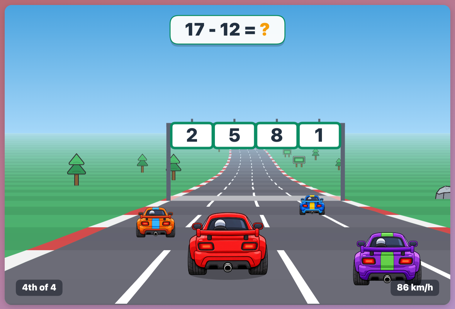 a screenshot when start a new Math Car Race for elementary