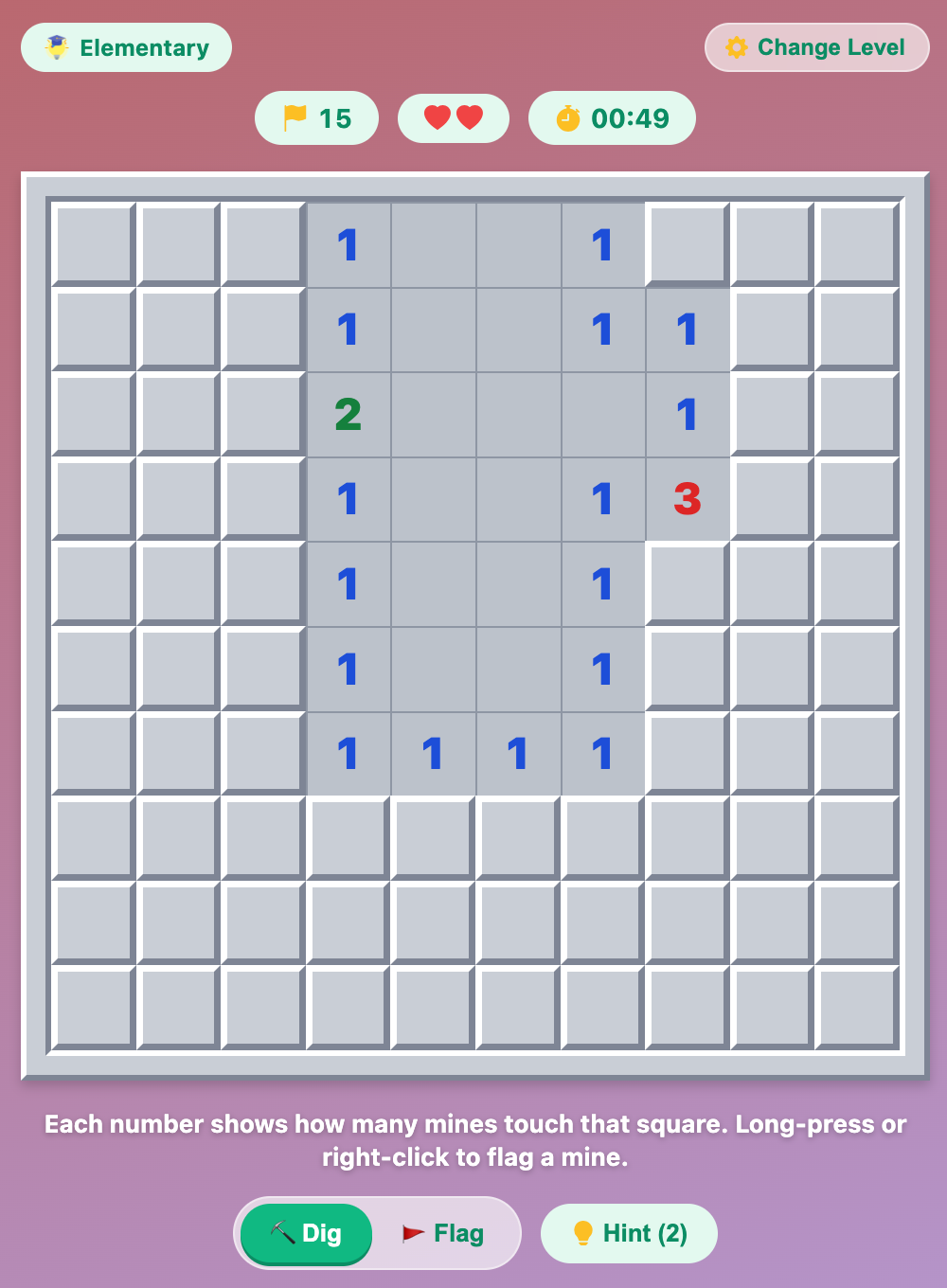 a screenshot when start a new Minesweeper game for elementary