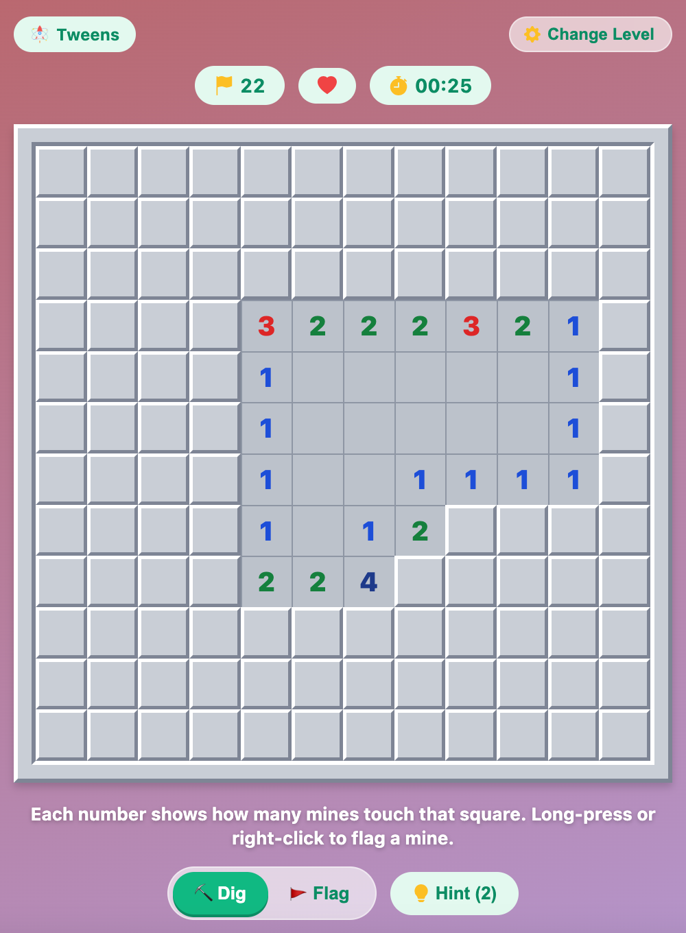 a screenshot when start a new Minesweeper game for tweens