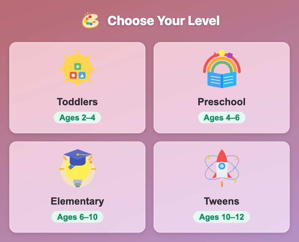 the Choose Your Level screen in Tiny World Builder for kids, with Toddlers, Preschool, Elementary and Tweens cards