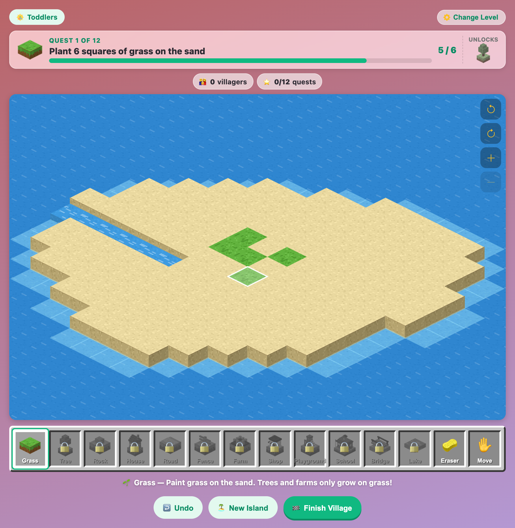 an empty sand island at the Toddlers level of Tiny World Builder with the first few green grass squares painted in