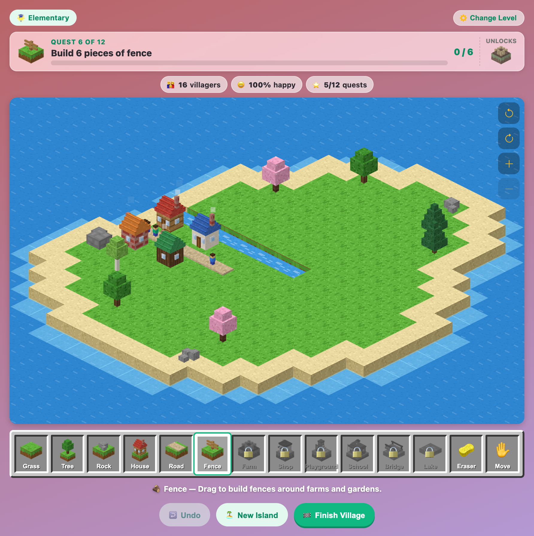 a young village in Tiny World Builder for elementary kids with four houses, a short road, trees and rocks