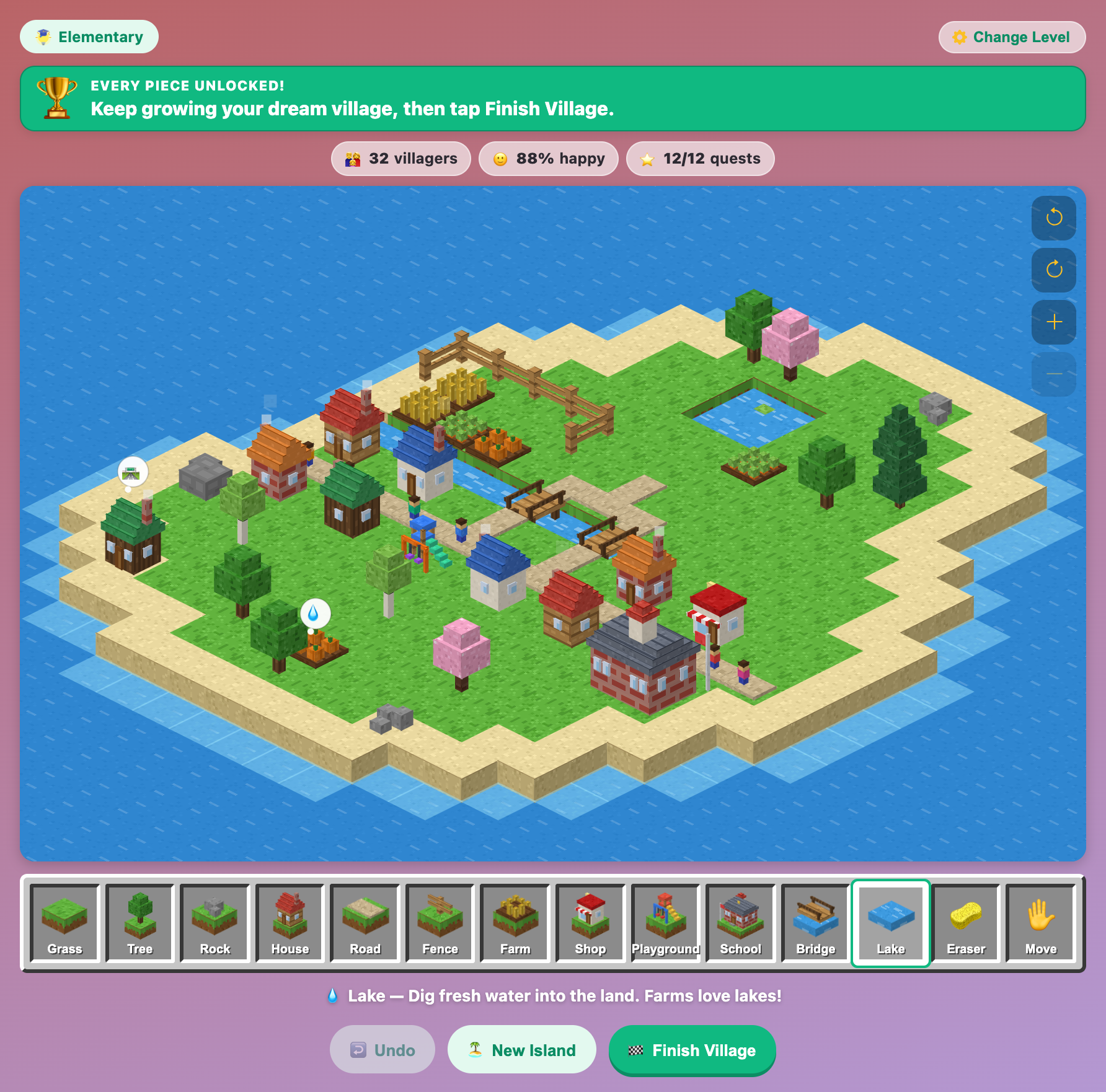 a finished island village in Tiny World Builder with houses, farms, a school, a shop, two bridges, a lake and two thought bubbles