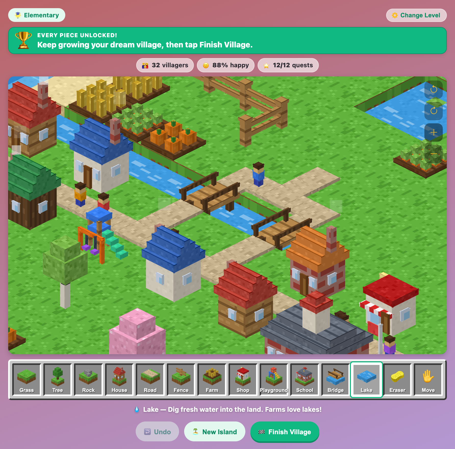 a zoomed-in view of Tiny World Builder with blocky villagers walking over wooden bridges past houses and a playground