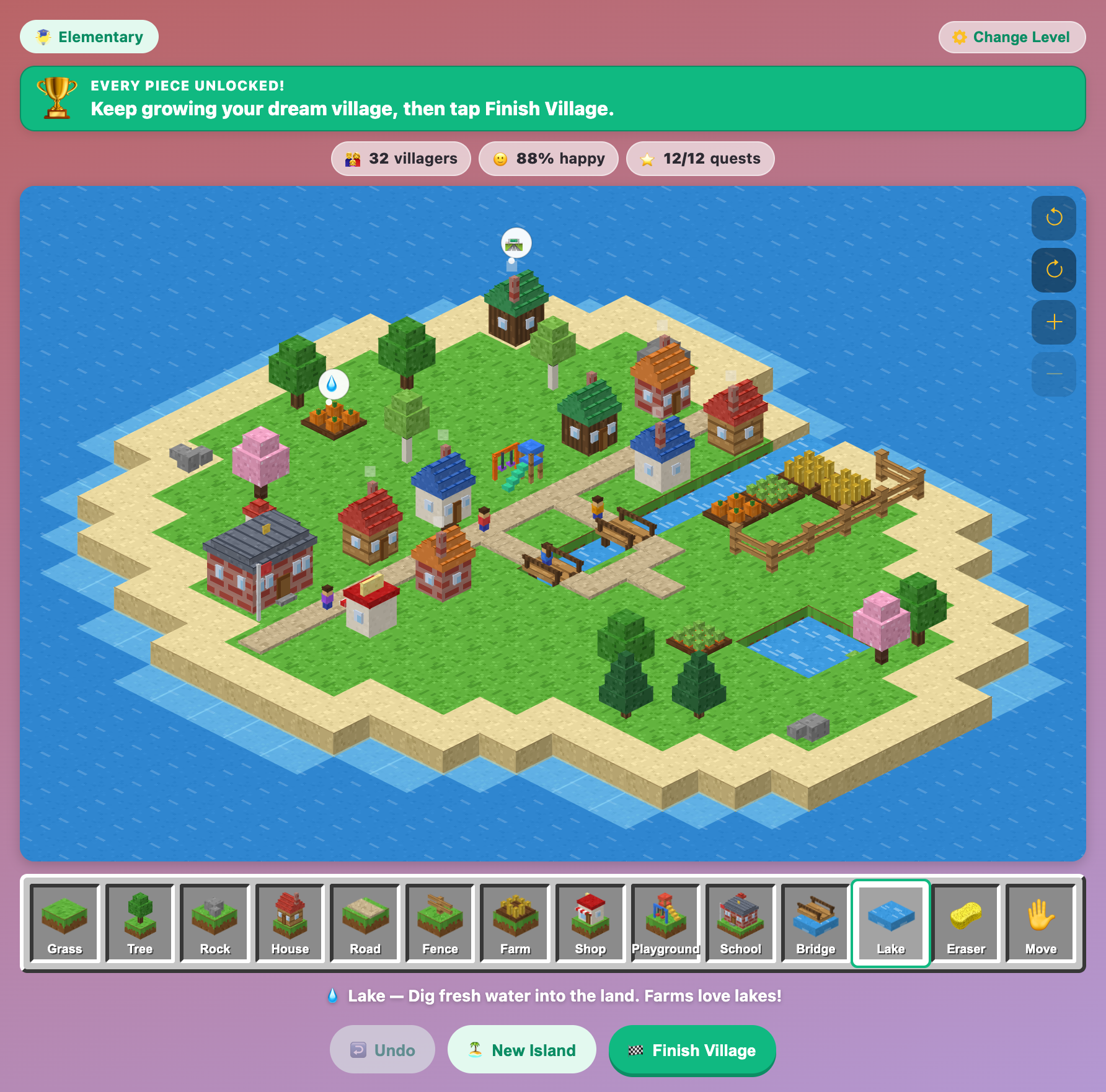 the same Tiny World Builder village turned to a new angle, showing the fenced farms and the lake from the other side