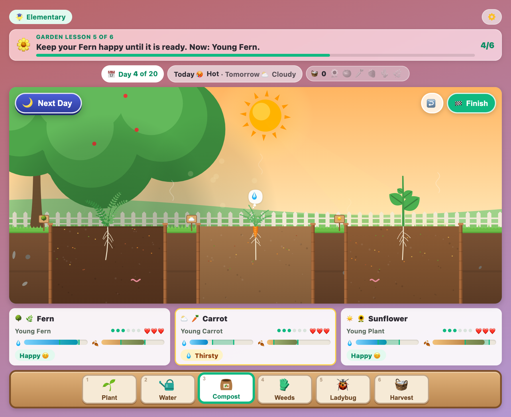 a fern, a carrot and a sunflower growing in Grow a Plant for elementary kids, with roots under the soil and a thirsty carrot