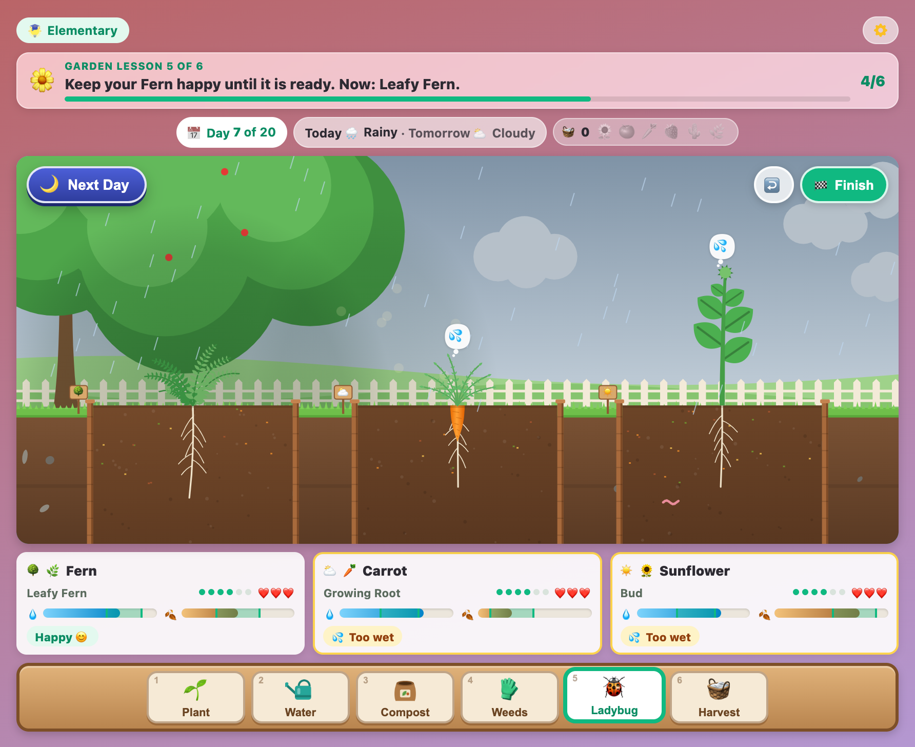 a rainy day in Grow a Plant with a tall sunflower bud and an orange carrot root, both showing Too wet bubbles