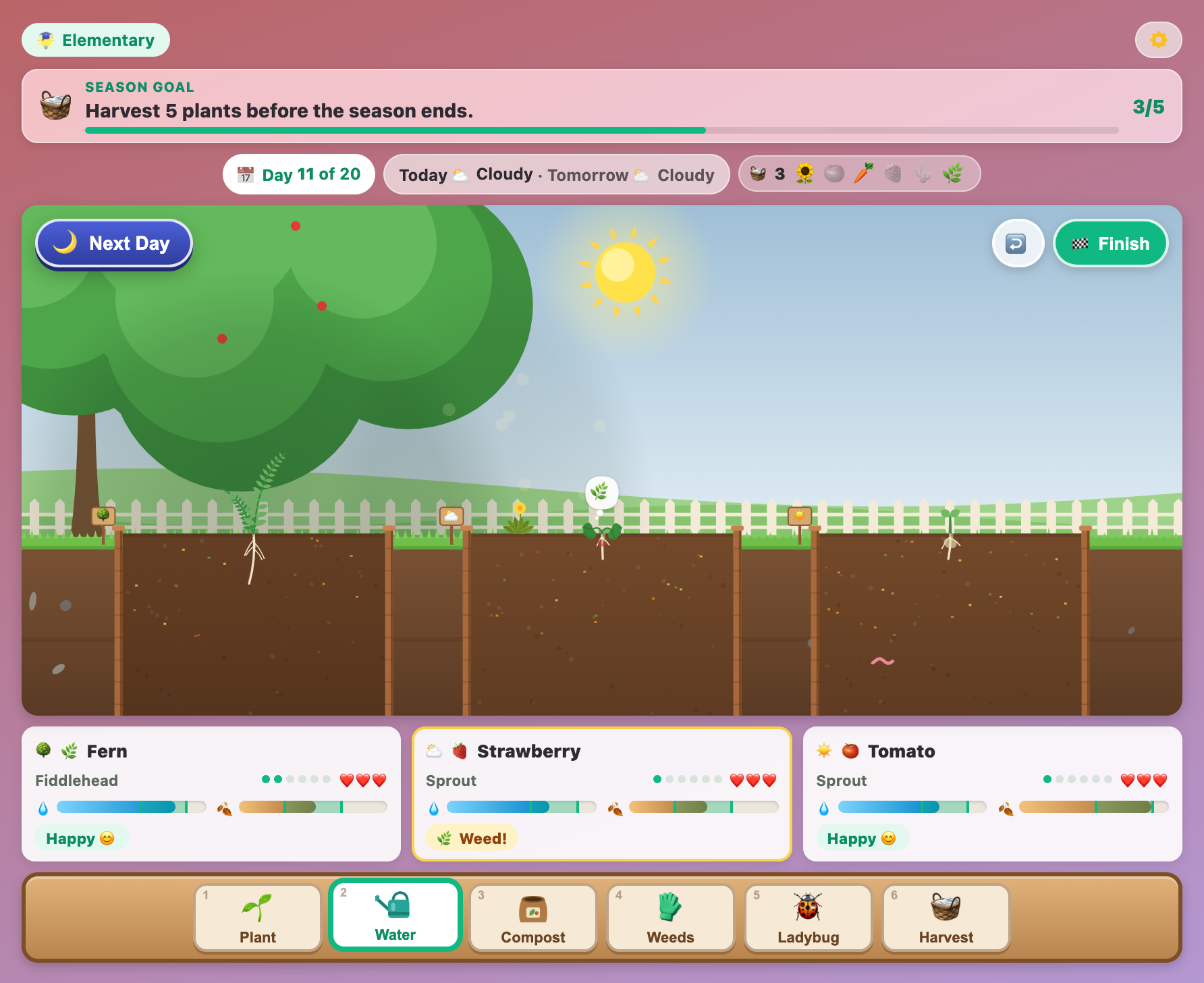 the Season Goal card in Grow a Plant asking for 5 harvests, with a fern fiddlehead and a weed next to a strawberry sprout