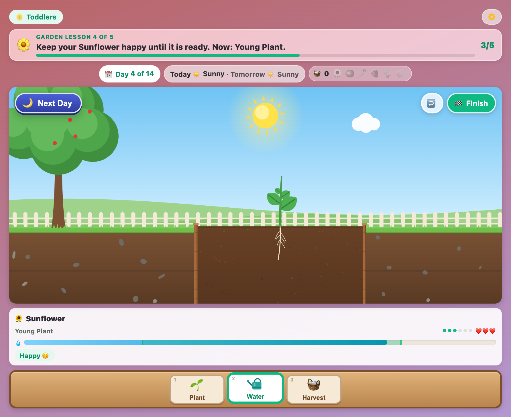 Grow a Plant for toddlers with one garden bed, a young sunflower, a single water bar and just three tools