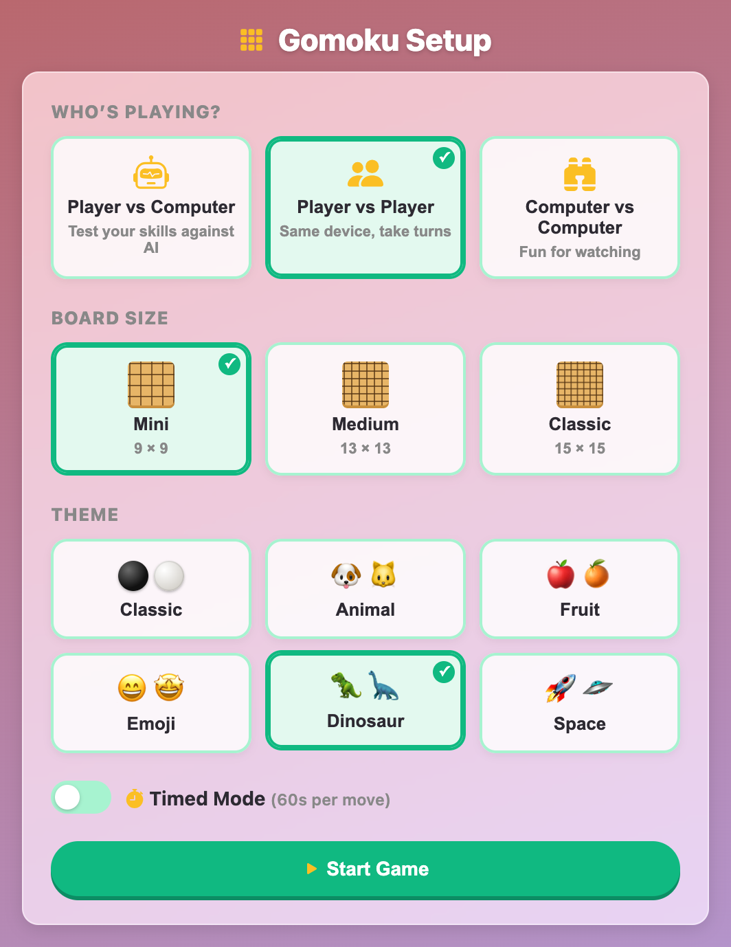 the Gomoku Setup screen with Player vs Player, the Mini 9 by 9 board and the Dinosaur theme picked