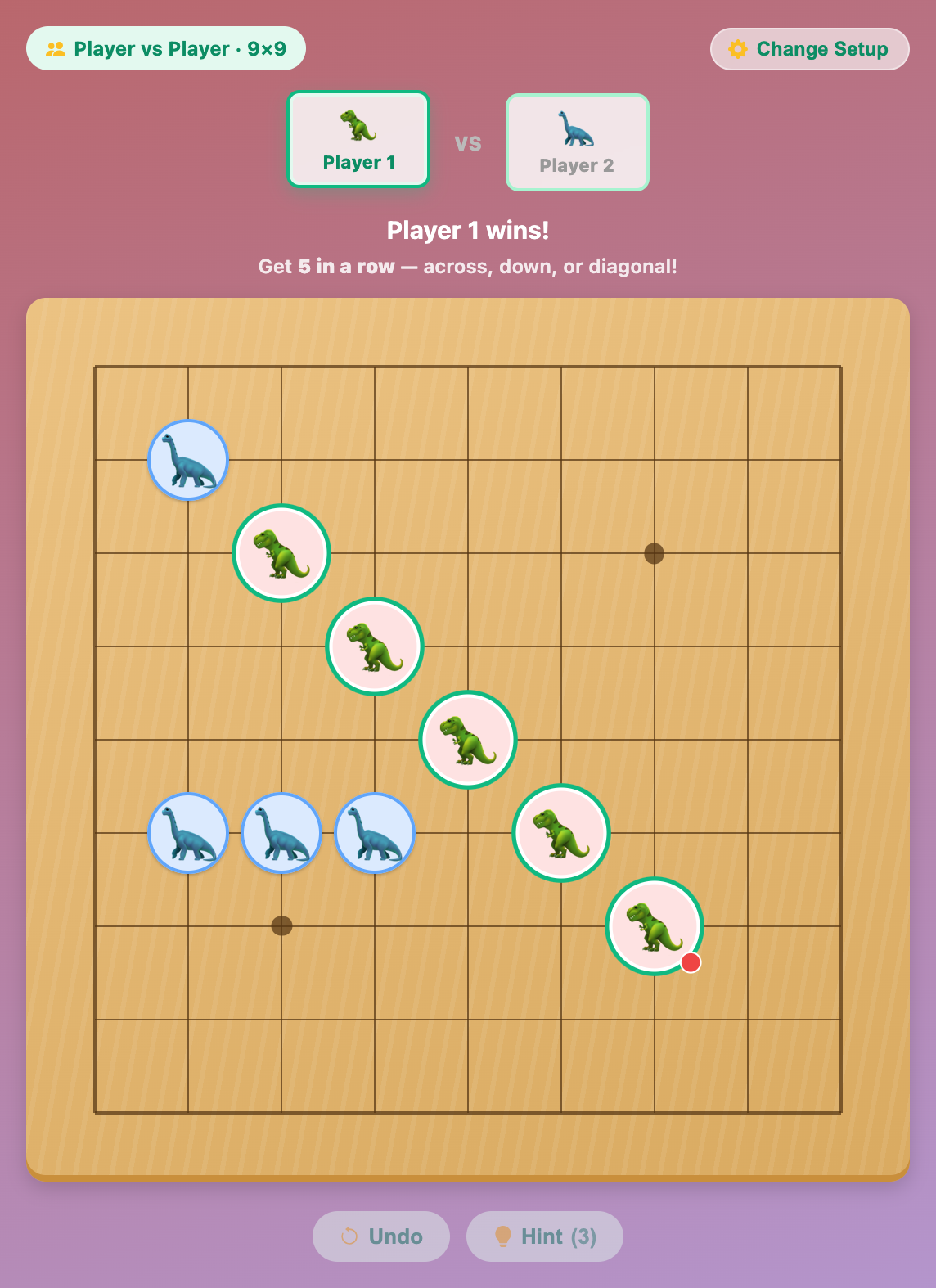 a T-rex player winning Gomoku with five dinosaurs in a diagonal line on the Mini board