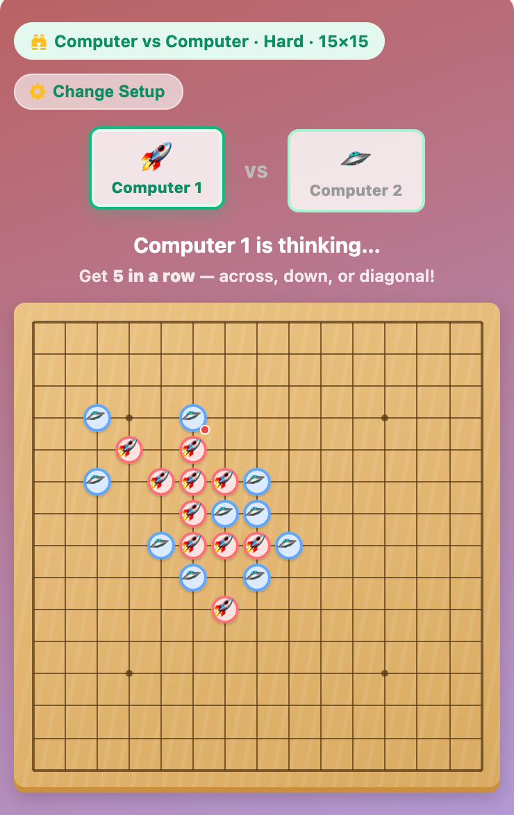 two computers playing Gomoku with rocket and flying saucer stones on the Classic 15 by 15 board