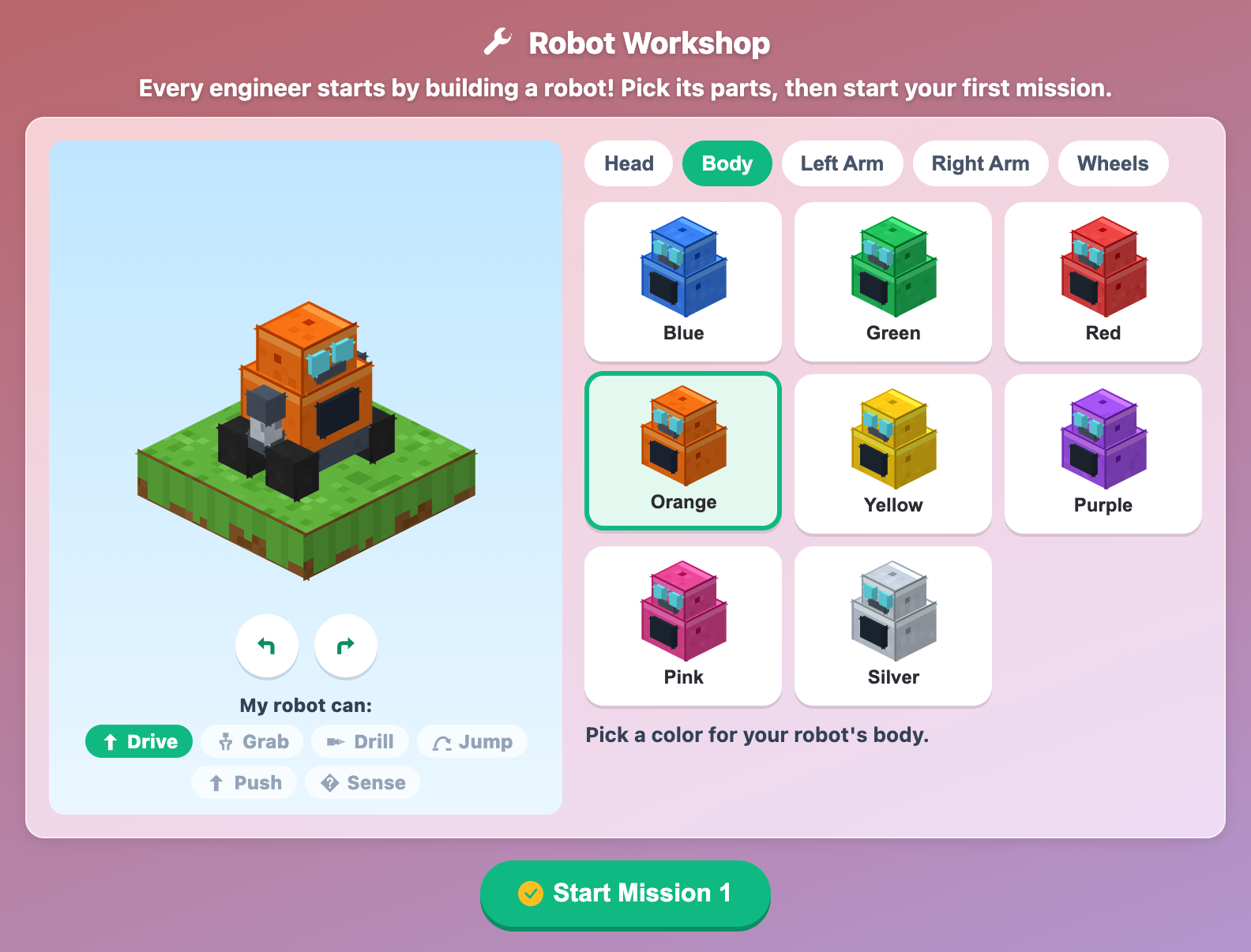 the Robot Workshop in Robot Builder World for kids, with an orange blocky robot on a grass block and eight body colors to choose from