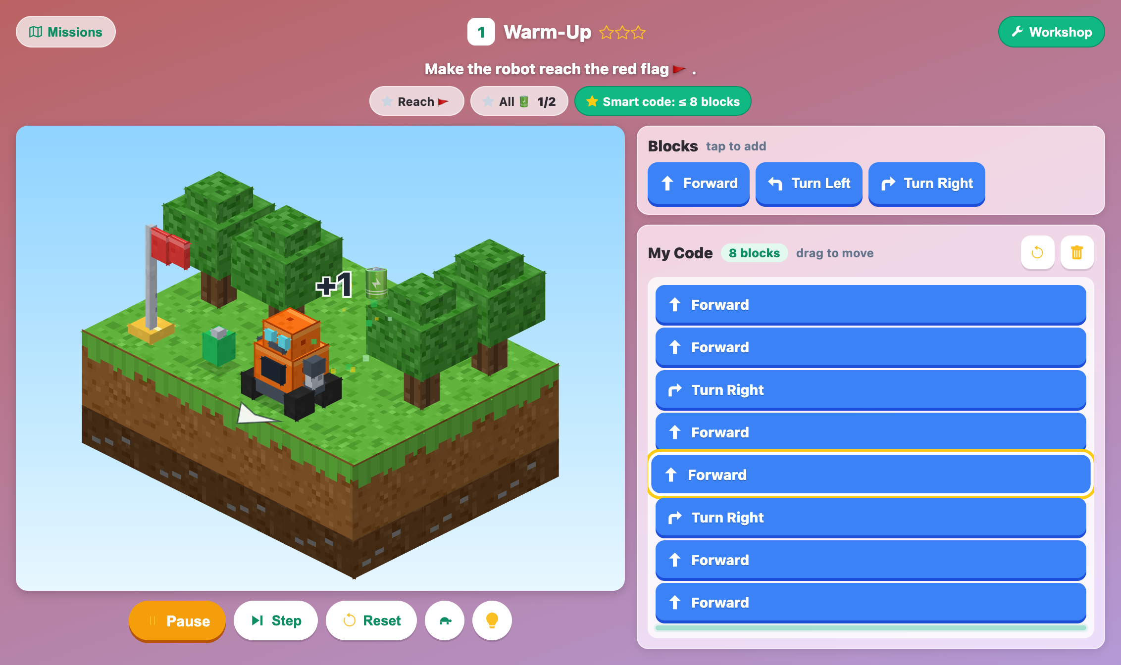 a robot rolling across a small grass island toward the red flag while the Forward block it is running glows yellow in the code list