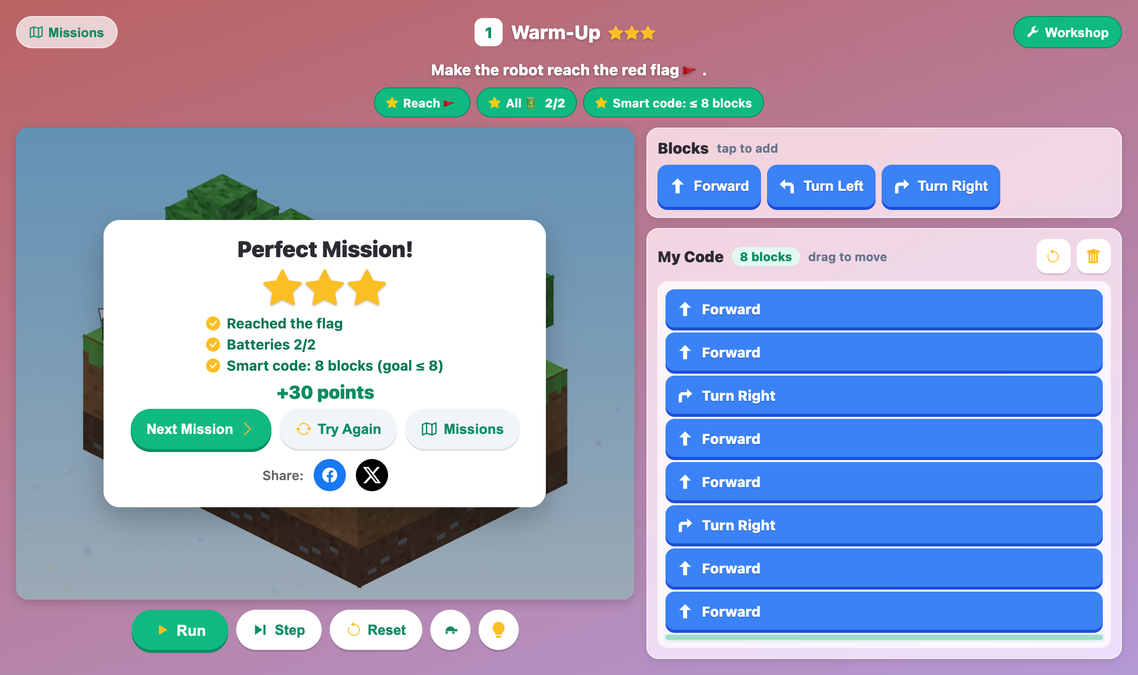 the Perfect Mission card with three gold stars and plus 30 points after the Warm-Up mission in Robot Builder World