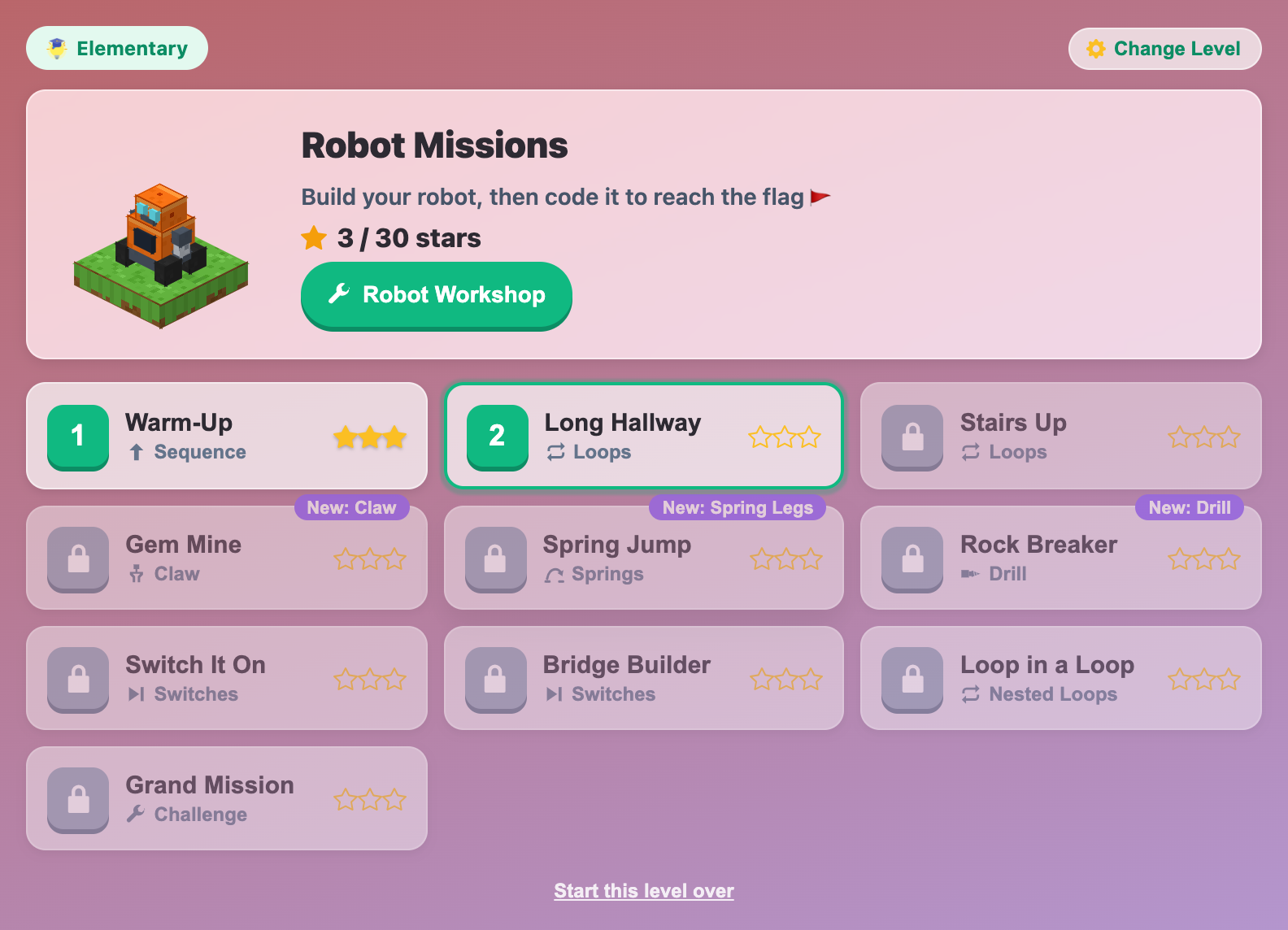 the Robot Missions map for elementary kids, with Warm-Up done, Long Hallway next, and new Claw, Spring Legs and Drill badges