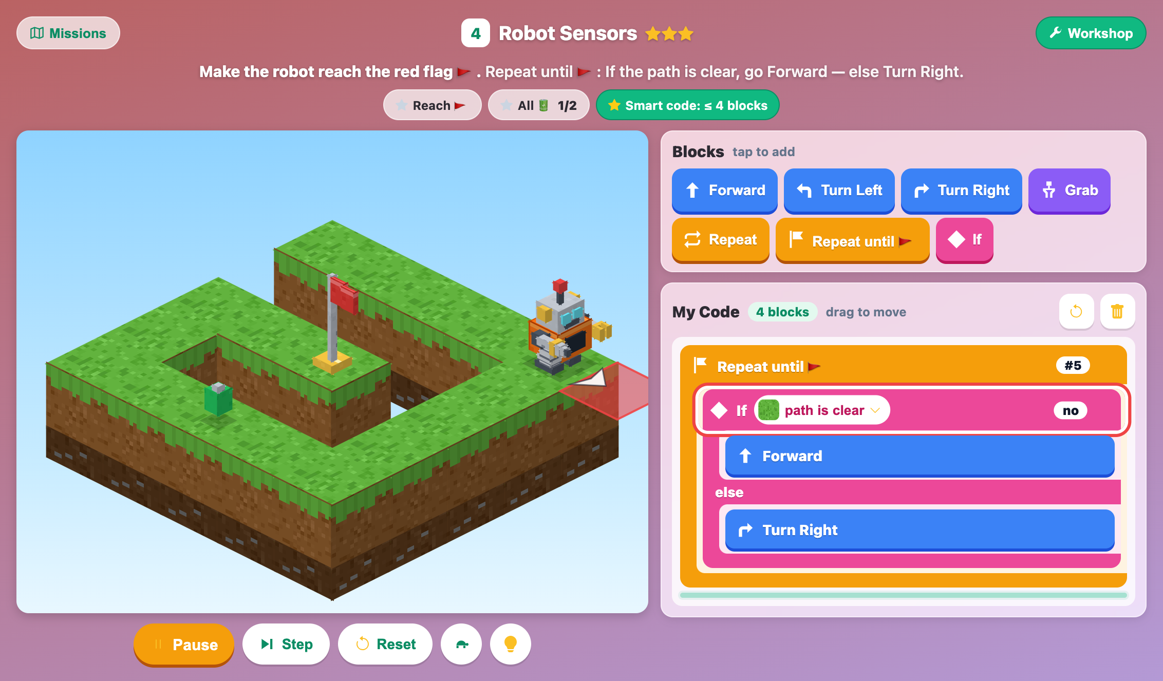 Robot Builder World for tweens paused in Step mode, with an If path is clear block answering no and a red square ahead of the robot