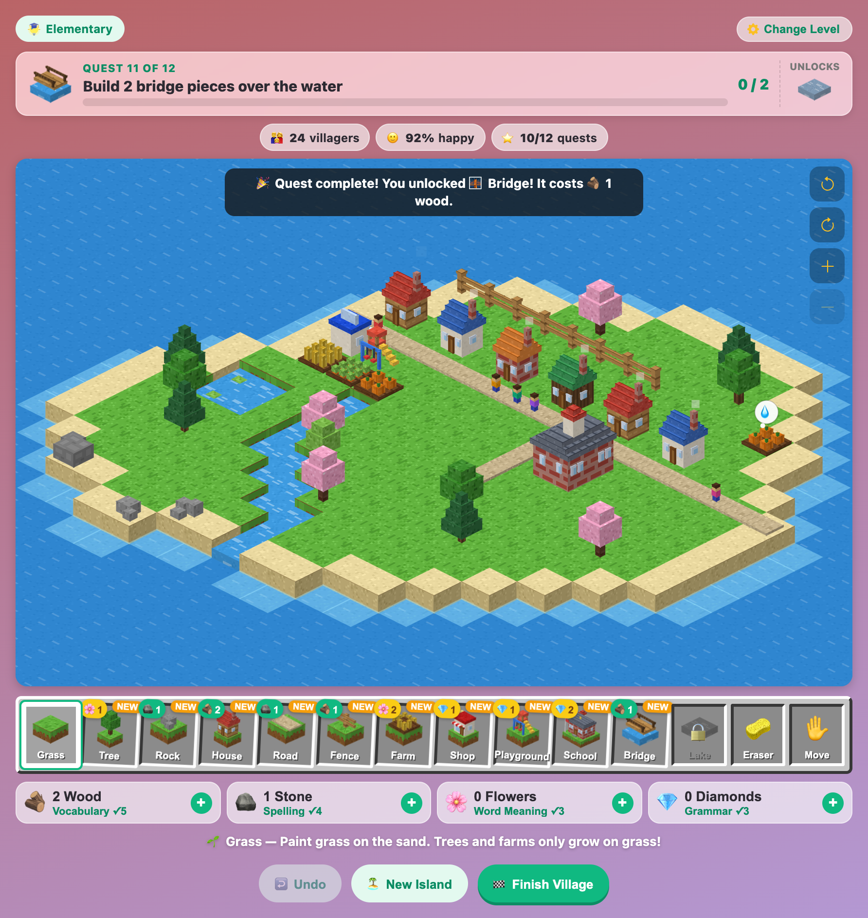 a blocky island village in English Block Builder for kids, with houses, a road, a school, farms and a thirsty farm bubble