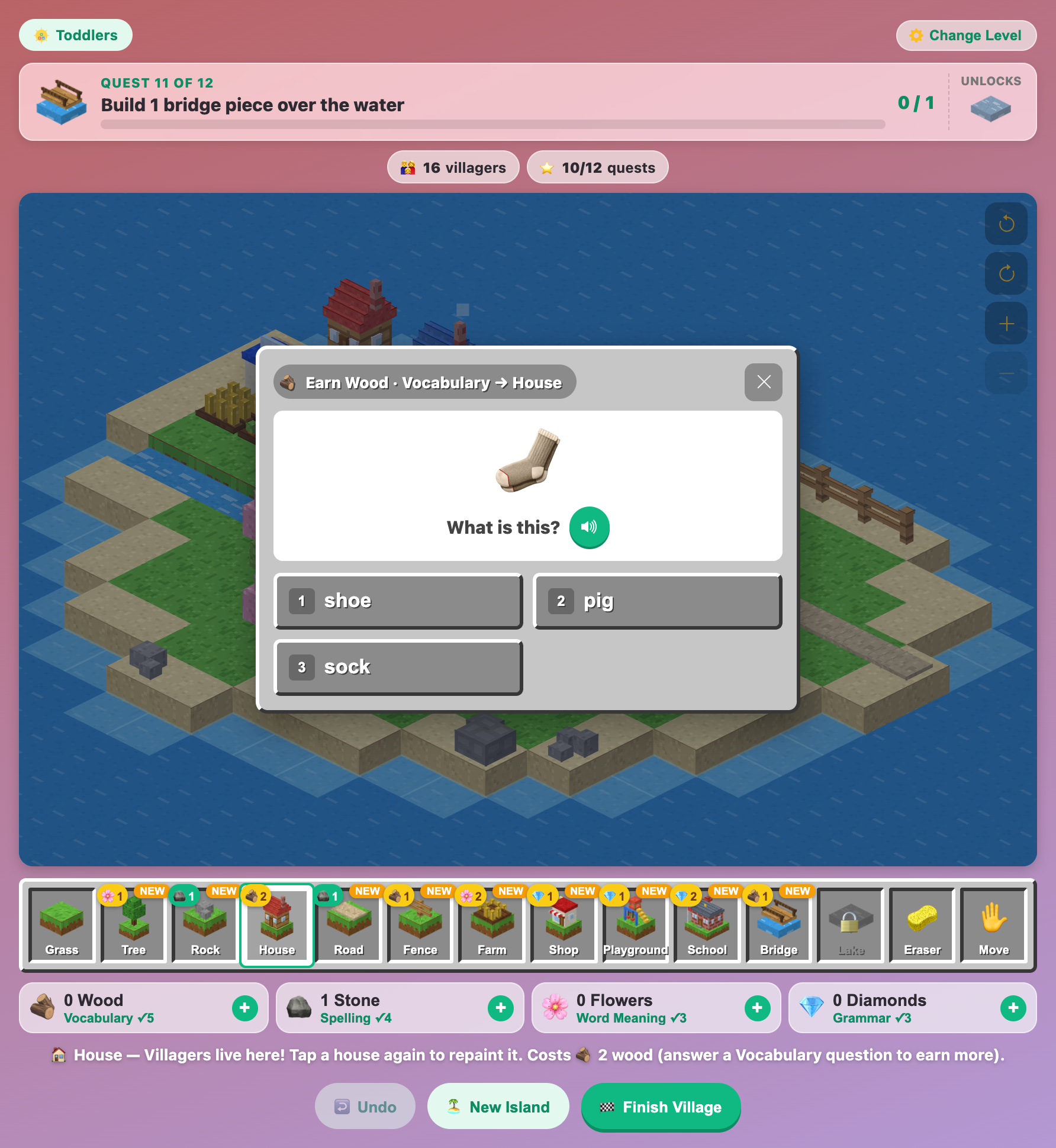 a Toddlers vocabulary question asking What is this? under a sock picture, to earn wood for a new house