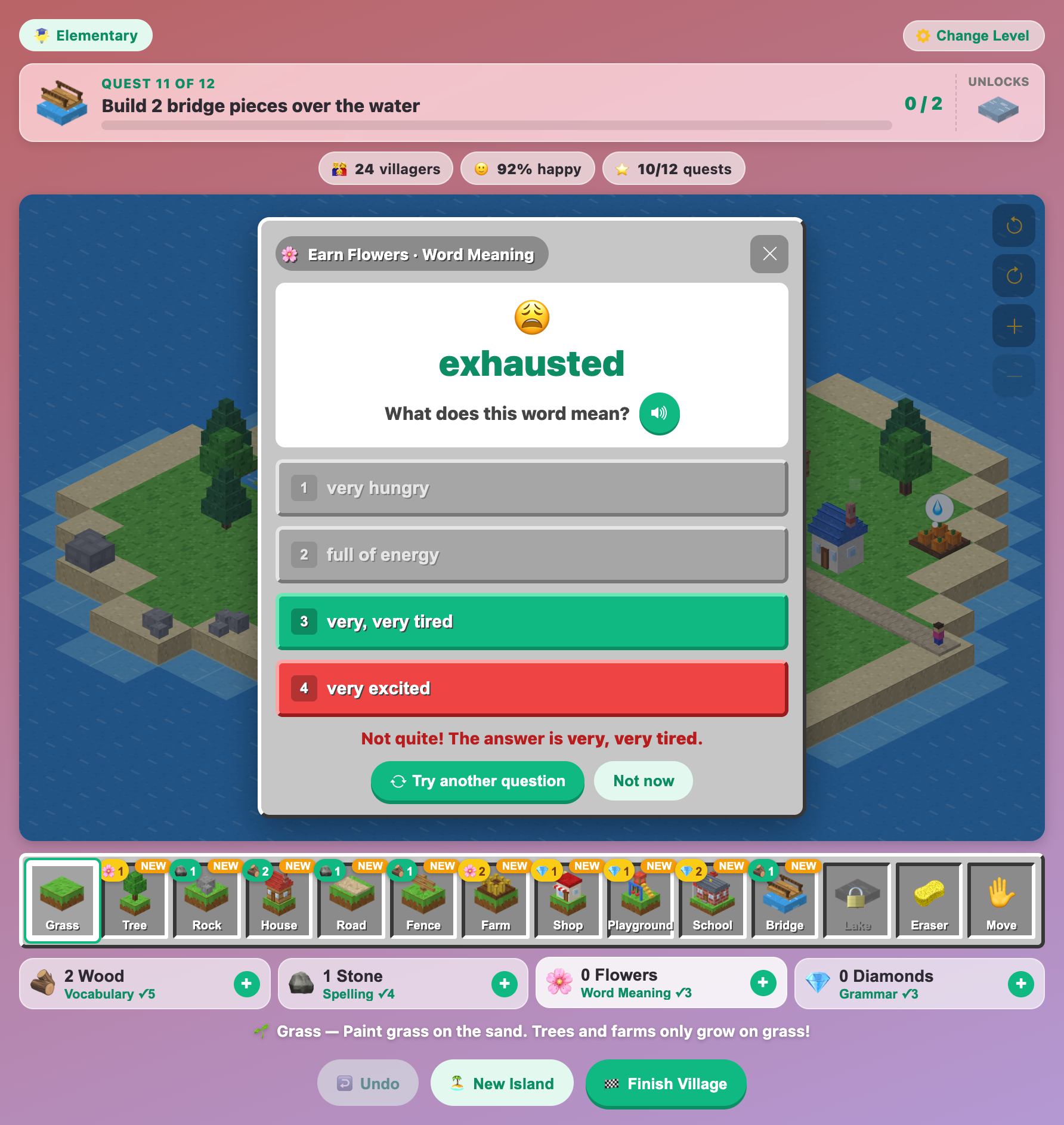 a Word Meaning question for the word exhausted, showing a wrong tap in red and the right answer in green