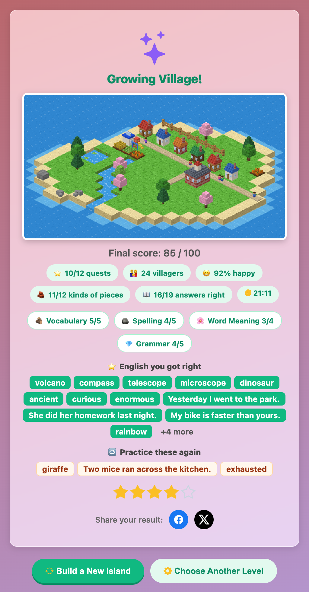the English Block Builder result card with a picture of the village, a score of 85 out of 100 and practice words