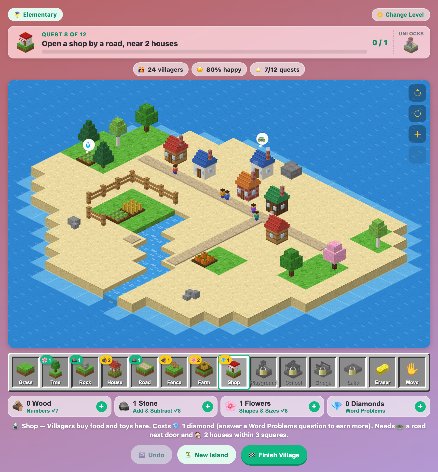 an Elementary island in Math Village Builder for kids on quest 8, with houses, a road, farms and two thought bubbles