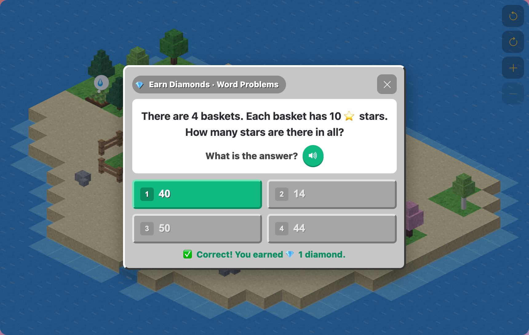 a Word Problems card about 4 baskets of 10 stars, answered right with 40 to earn one diamond