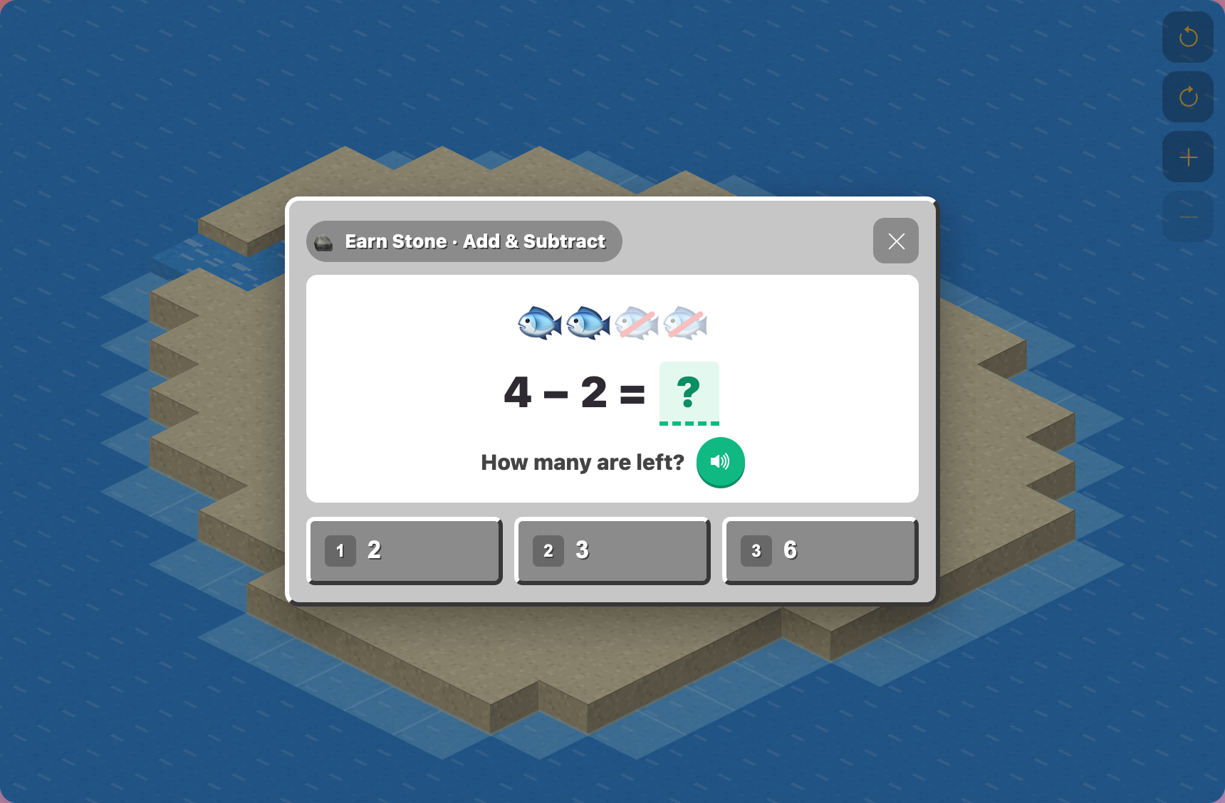 a toddler take-away question showing 4 fish with 2 crossed out, above 4 minus 2 and three answer choices