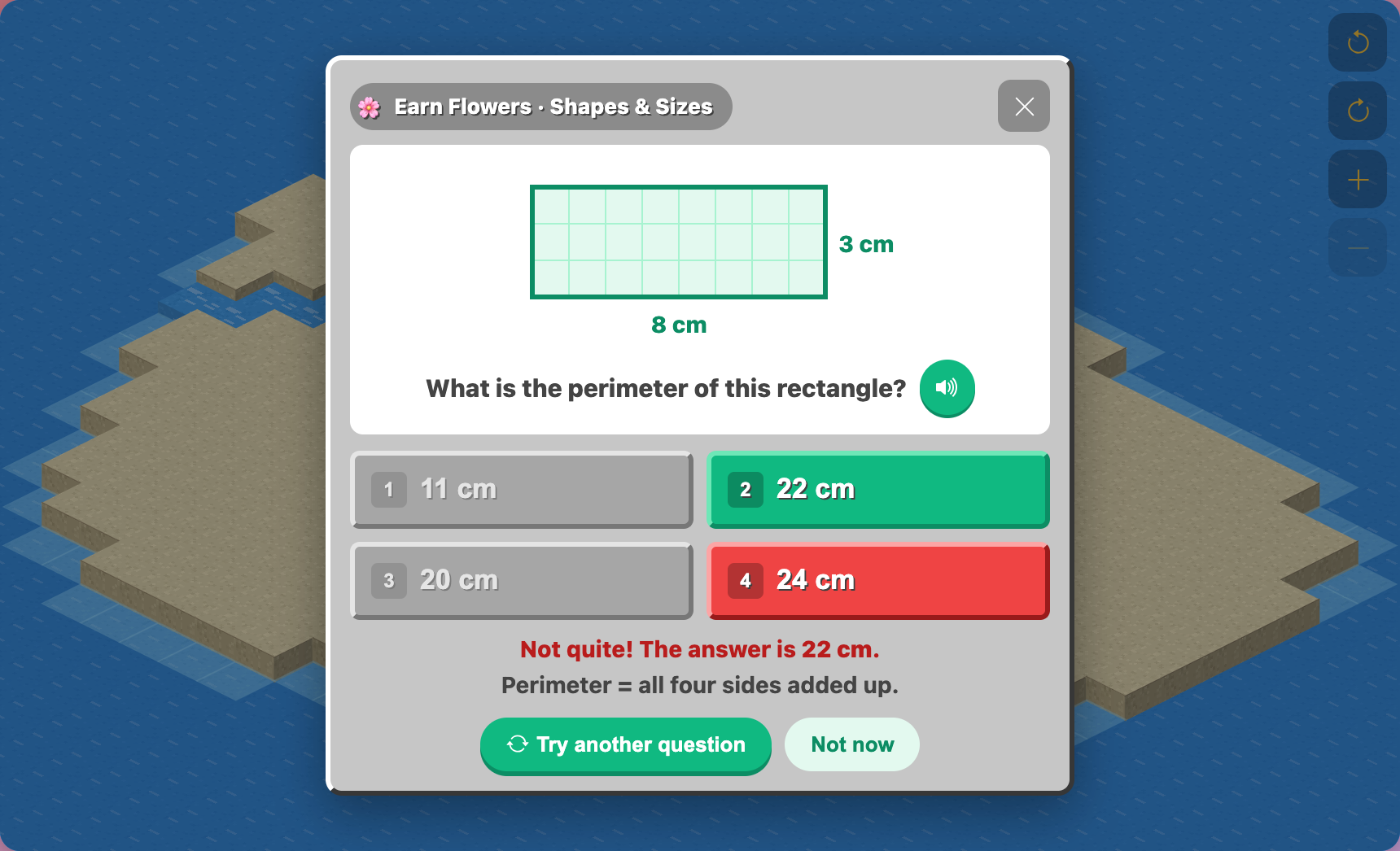 a Math Village Builder for tweens perimeter question on an 8 by 3 cm rectangle, with 24 in red and 22 cm in green