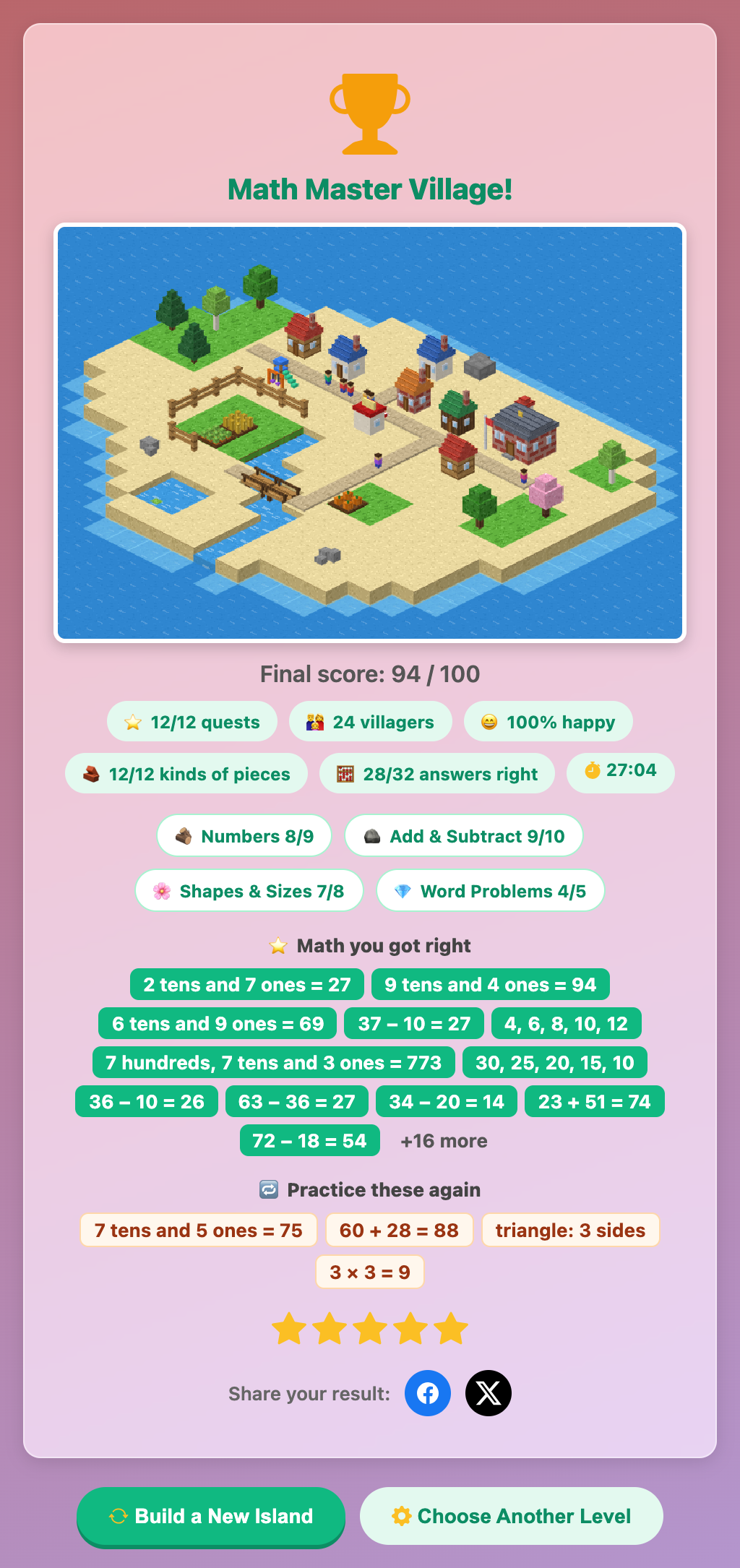 the Math Master Village result card with a picture of the finished island, a score of 94 out of 100 and practice sums