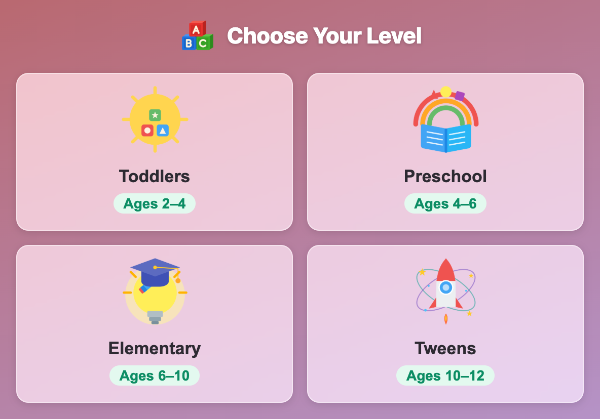 the Choose Your Level screen in Word Crush for kids, with Toddlers, Preschool, Elementary and Tweens cards