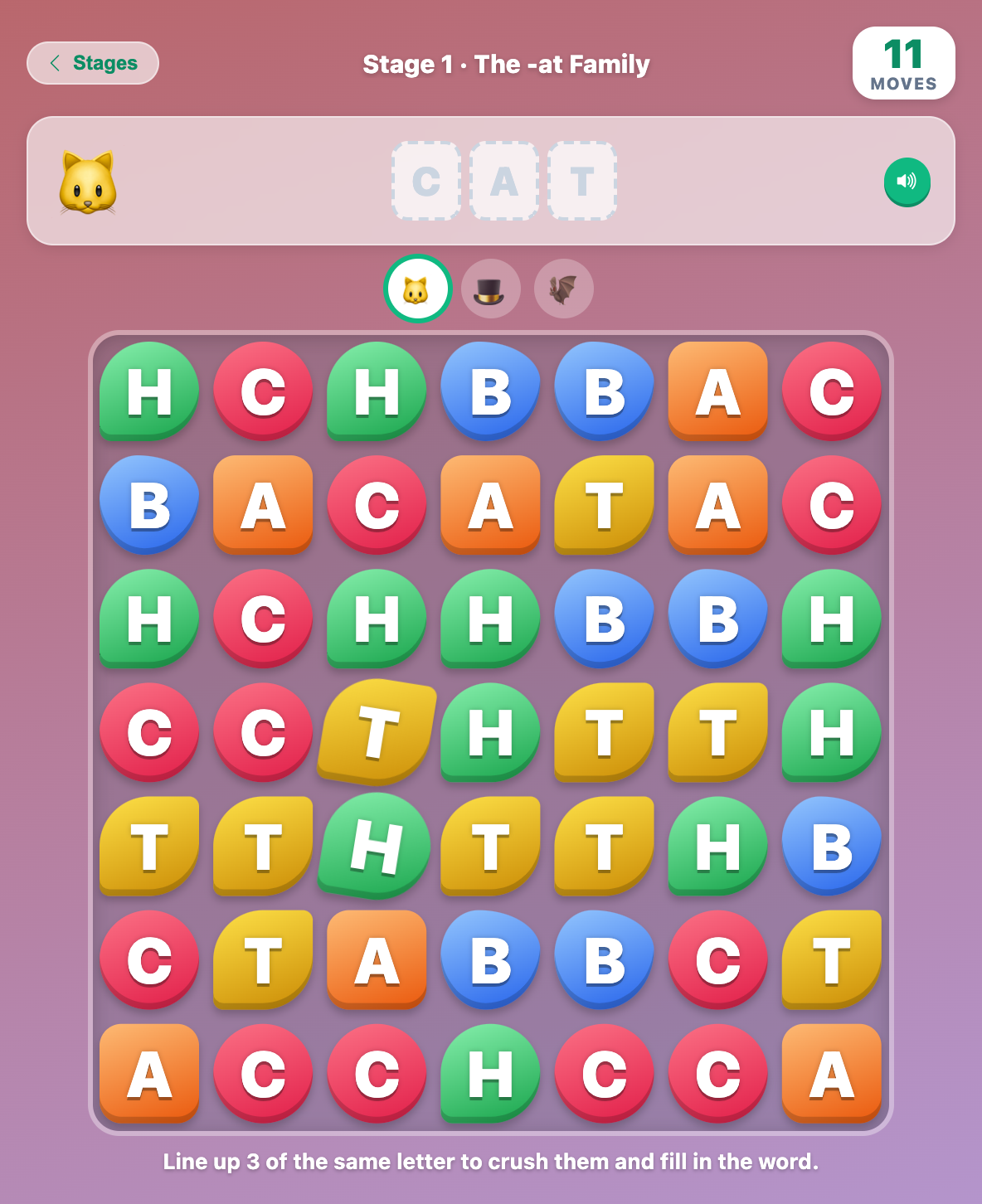 the -at Family stage in Word Crush for toddlers, with a cat picture, pale C A T boxes and two wiggling hint tiles