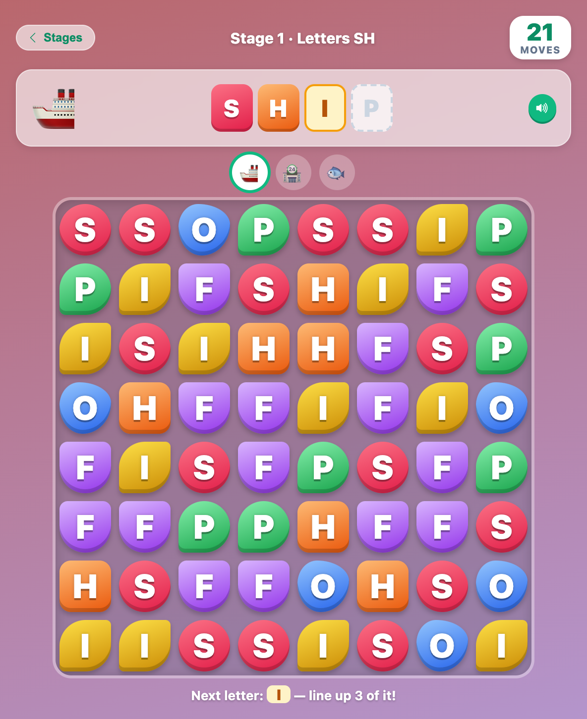an elementary stage of Word Crush spelling SHIP, with S and H filled in and the I box glowing next