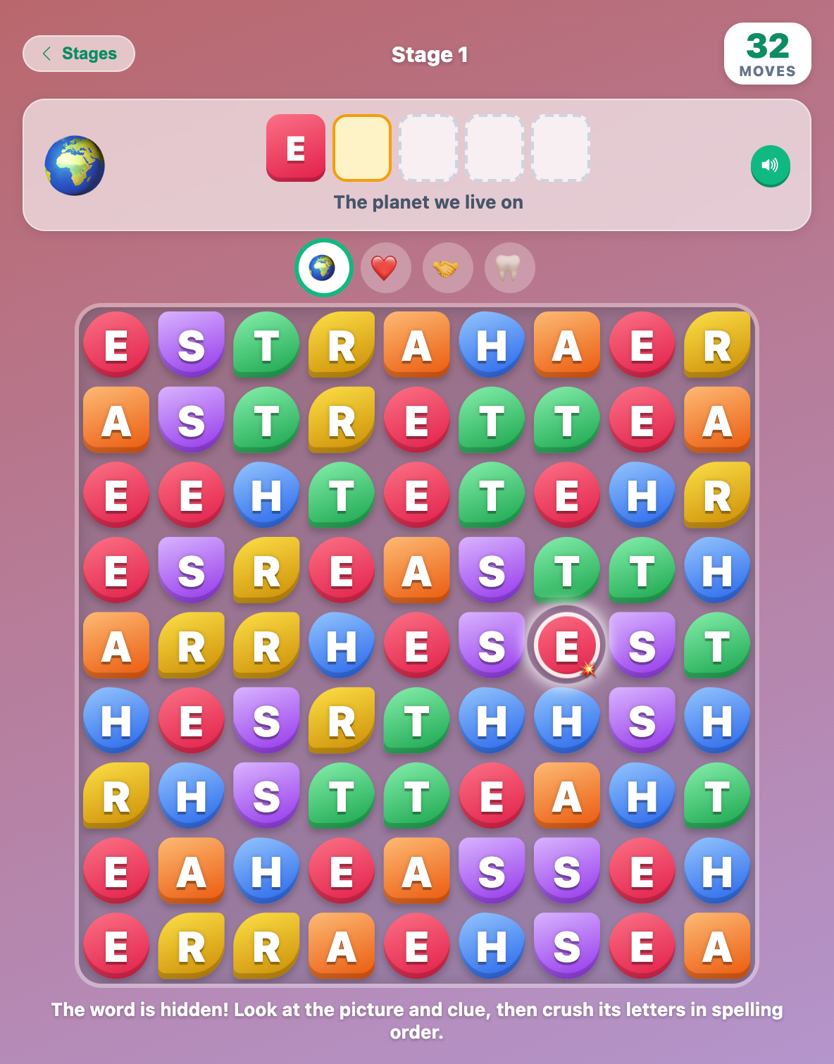a hidden five-letter word in Word Crush for tweens, with the clue The planet we live on and a new bomb tile