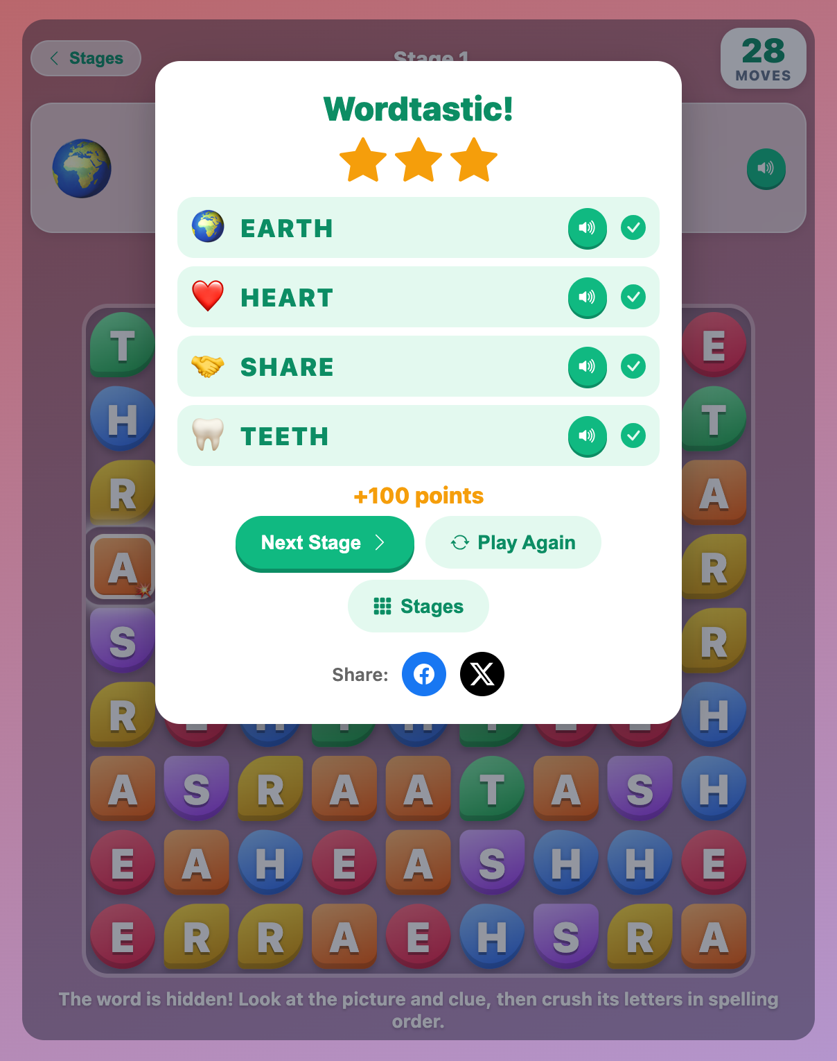 the Wordtastic result card with three stars after spelling EARTH, HEART, SHARE and TEETH in Word Crush