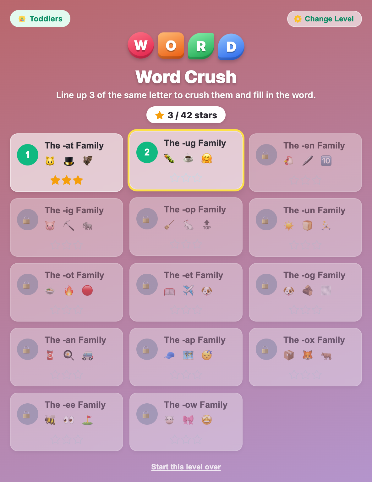 the Toddlers stage map in Word Crush, with the -at Family earning three stars and the -ug Family unlocked next