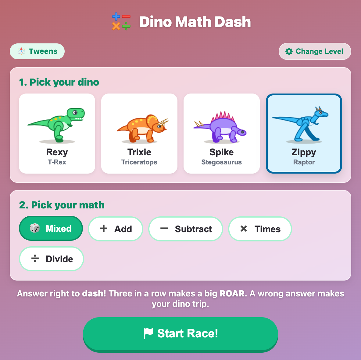 the Dino Math Dash setup screen with Zippy the Raptor picked and Mixed, Add, Subtract, Times and Divide math chips