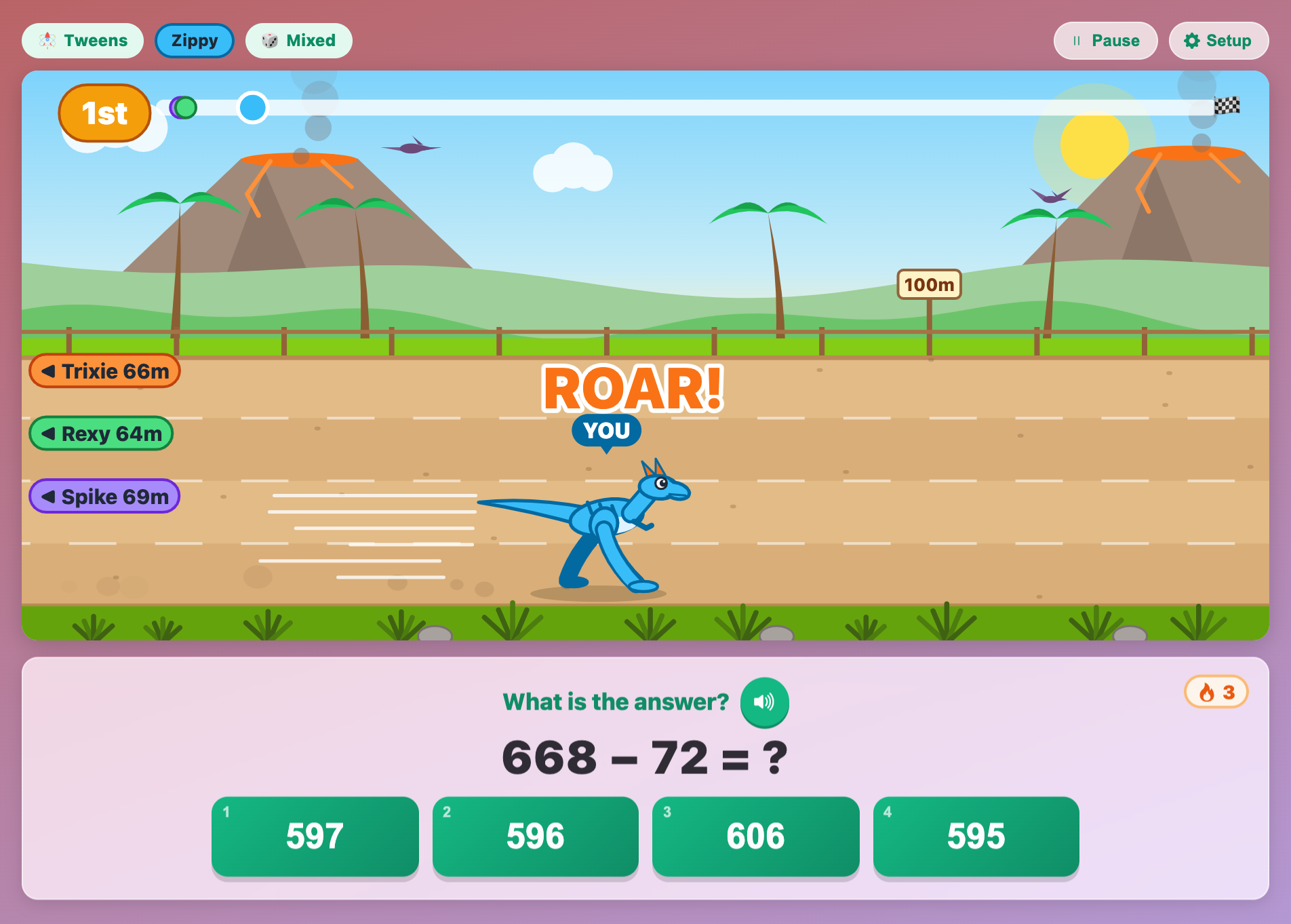 Zippy the Raptor shouting ROAR with speed lines after three right answers in a row in Dino Math Dash for tweens