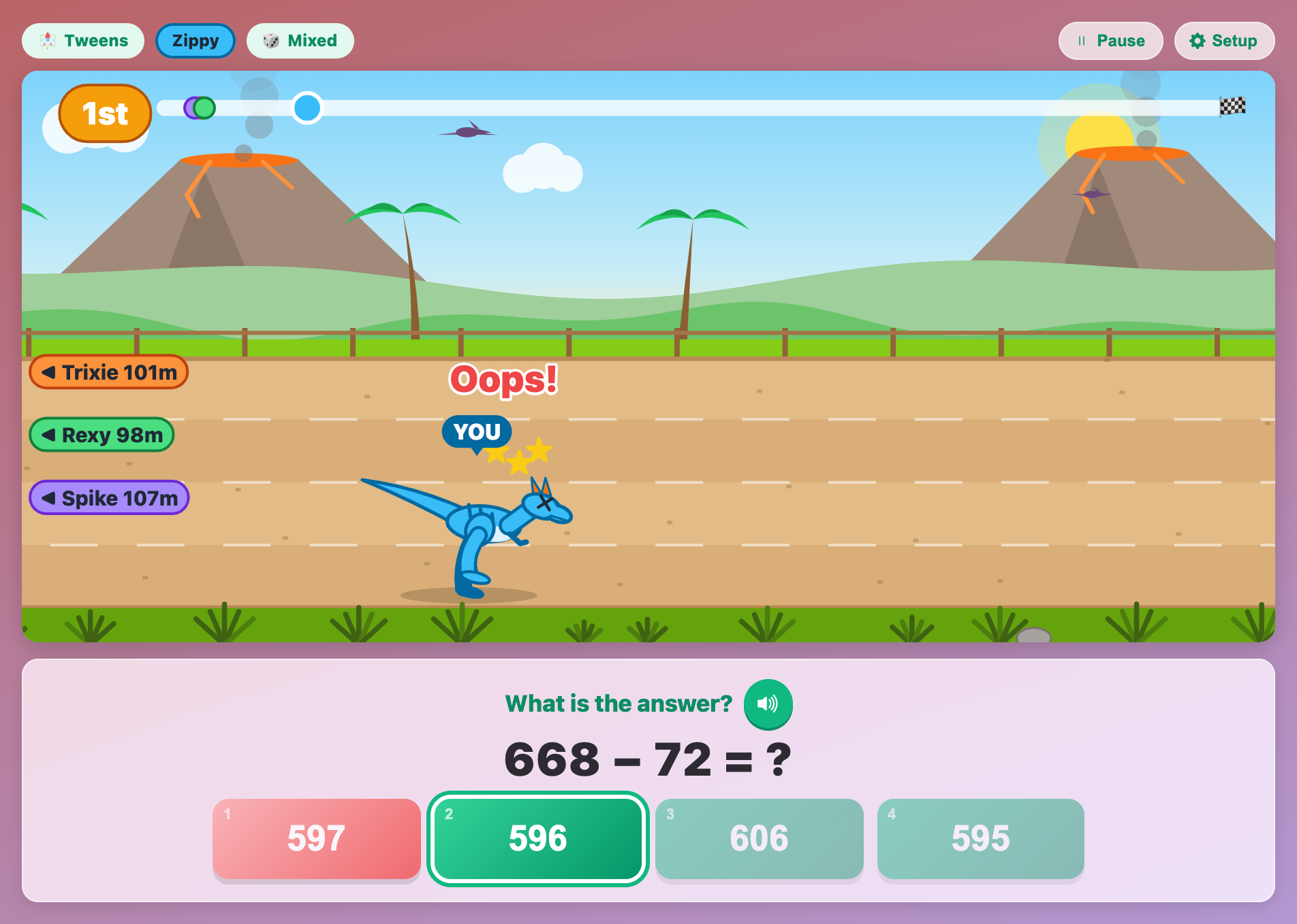 a dizzy Zippy tripping after a wrong answer, with the right answer 596 glowing green in the answer card